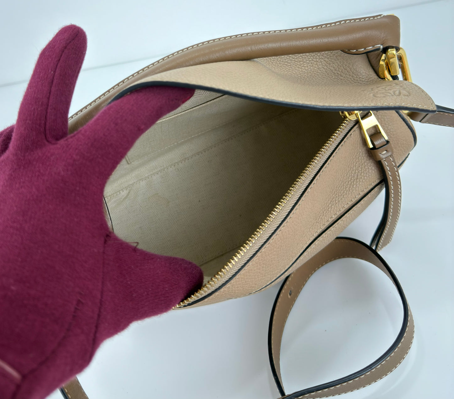 Loewe Grained Calfskin Small Puzzle Bag In Sand And Mink