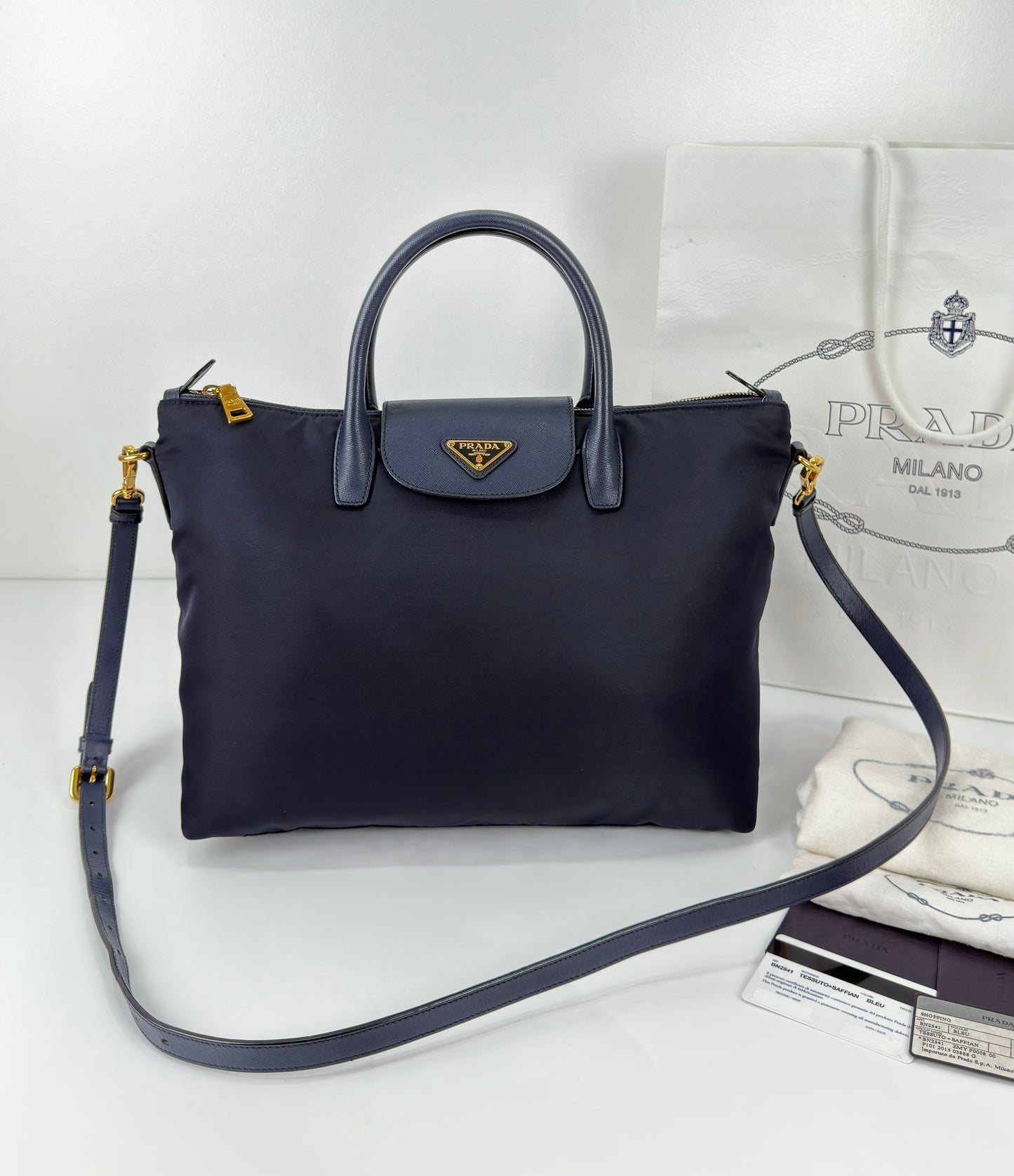 Prada Blue Tessuto Nylon And Saffiano
Leather Tote Bag BN2541
