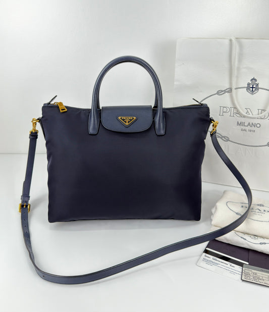 Prada Blue Tessuto Nylon And Saffiano
Leather Tote Bag BN2541