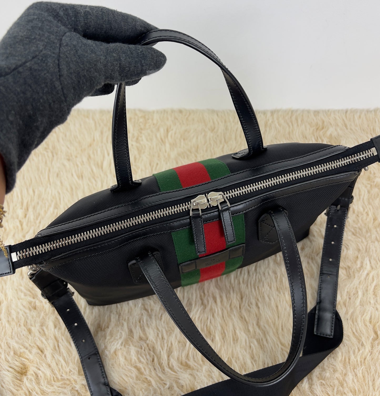 Gucci Black Leather Techno Web Canvas Tote And Shoulder Bag