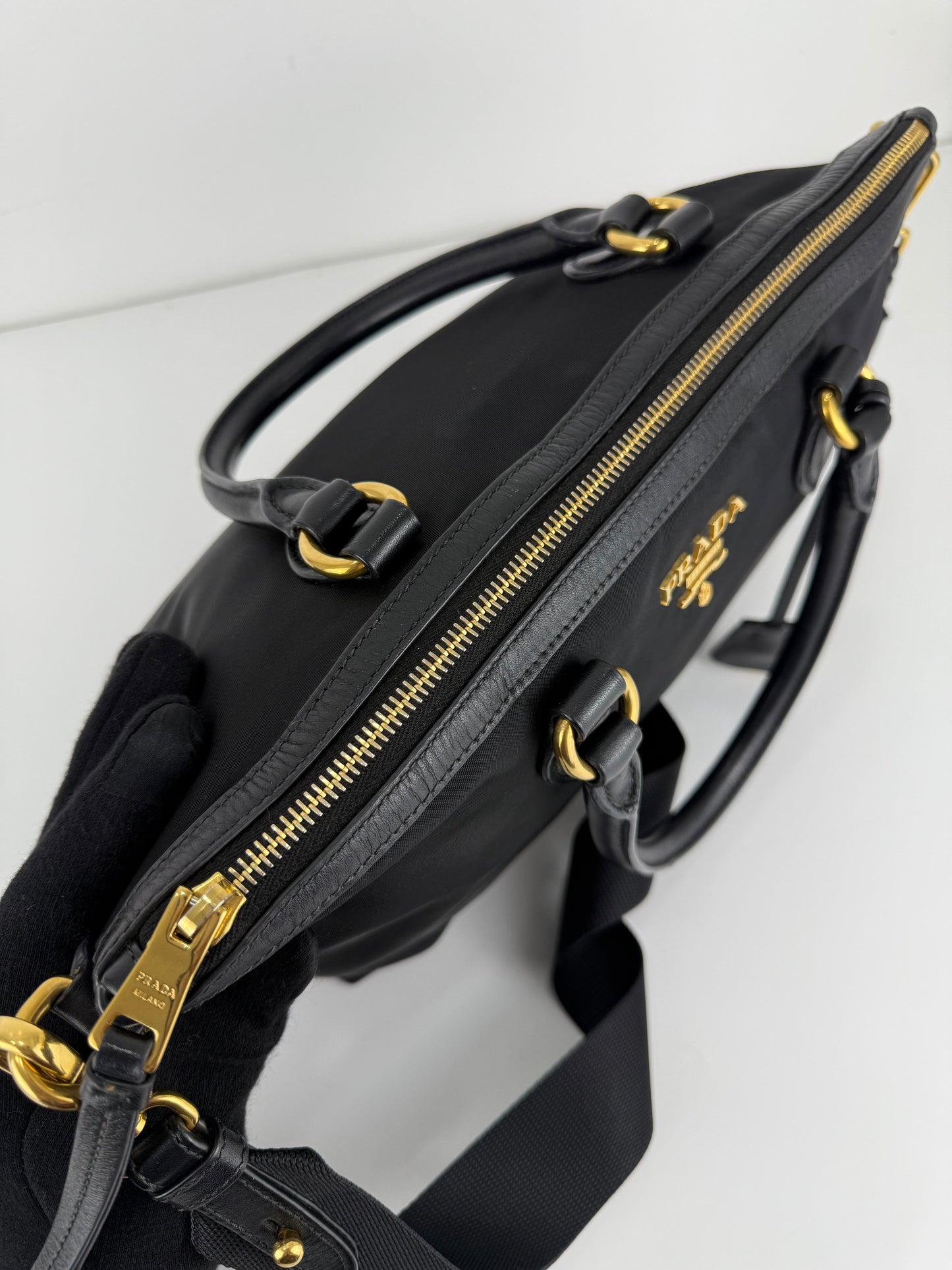 Prada Nylon Tessuto Black Leather Clochette
Crossbody Tote Bag
