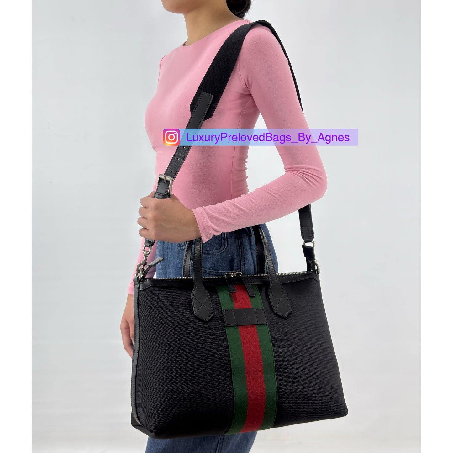 Gucci Black Leather Techno Web Canvas Tote And Shoulder Bag