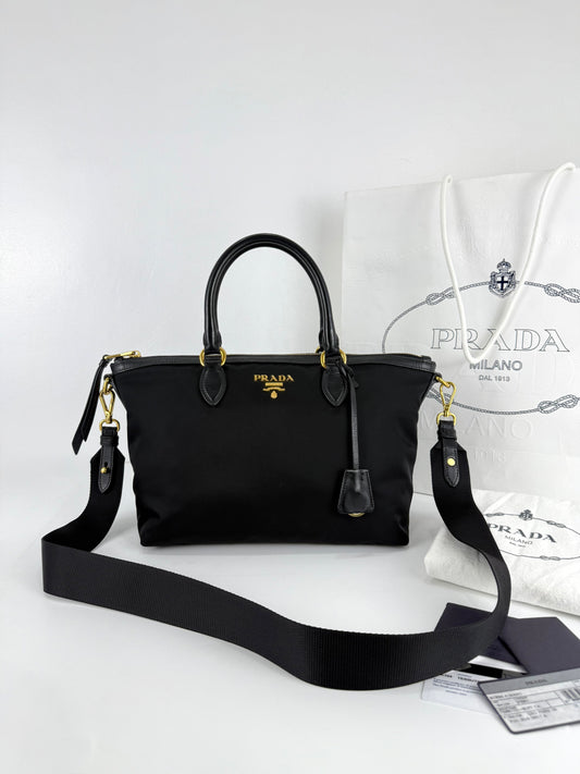 Prada Nylon Tessuto Black Leather Clochette
Crossbody Tote Bag