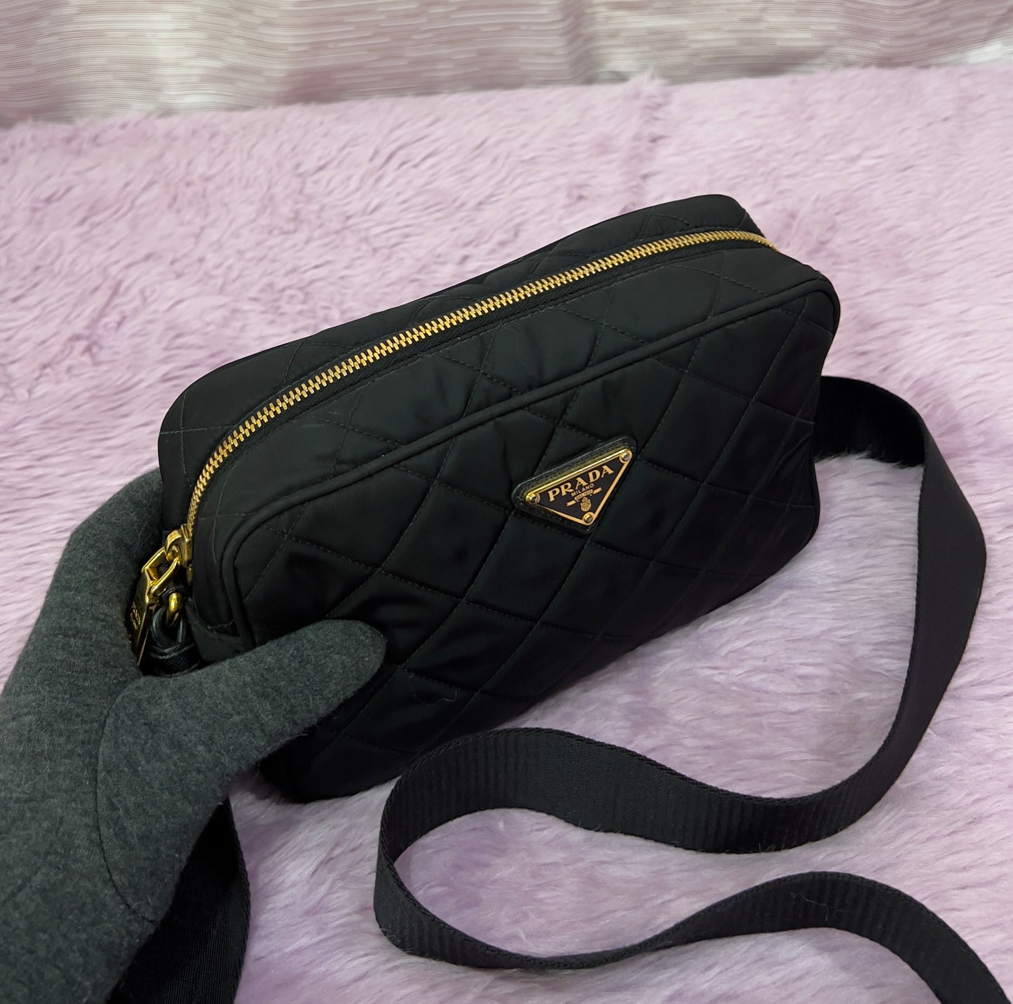 Prada Tessuto Black Quilted Camera Bag