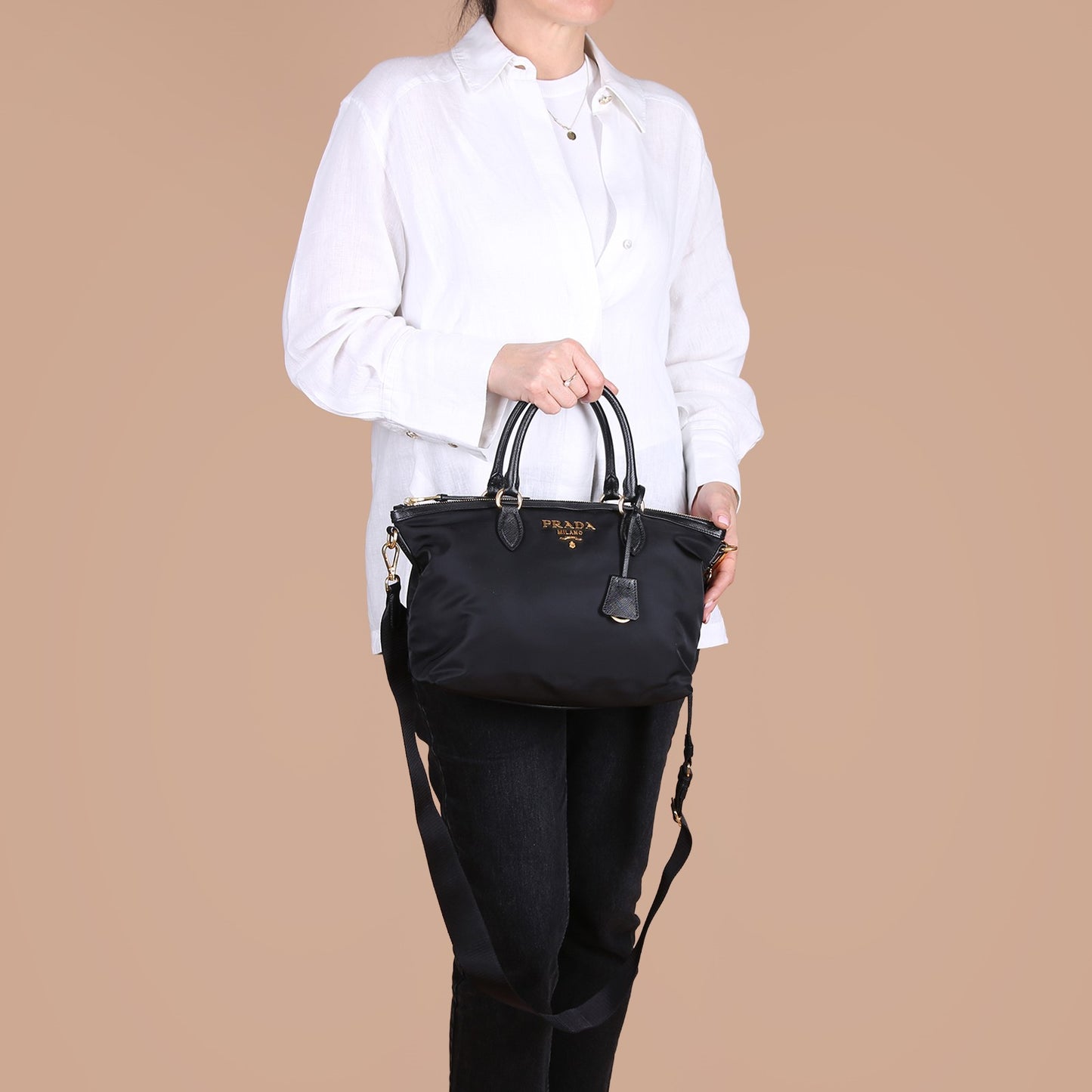 Prada Nylon Tessuto Black Leather Clochette
Crossbody Tote Bag