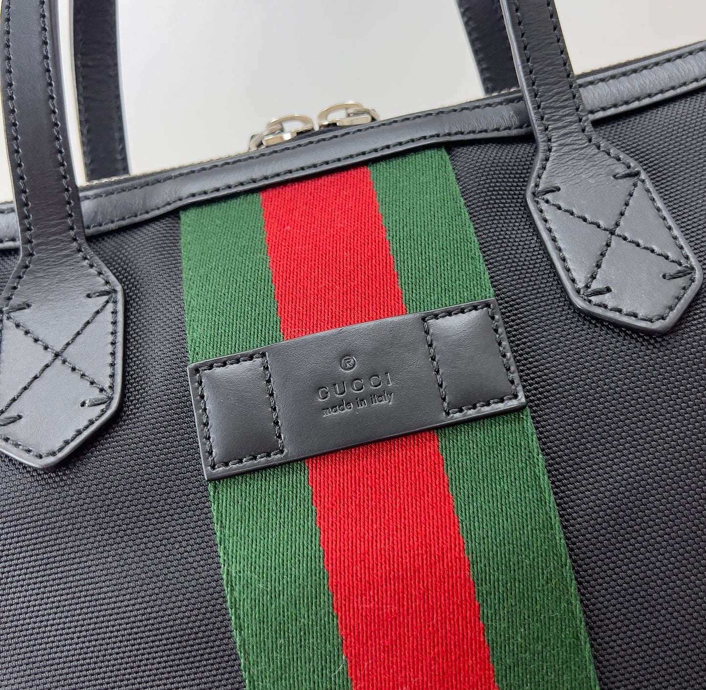 Gucci Black Leather Techno Web Canvas Tote And Shoulder Bag