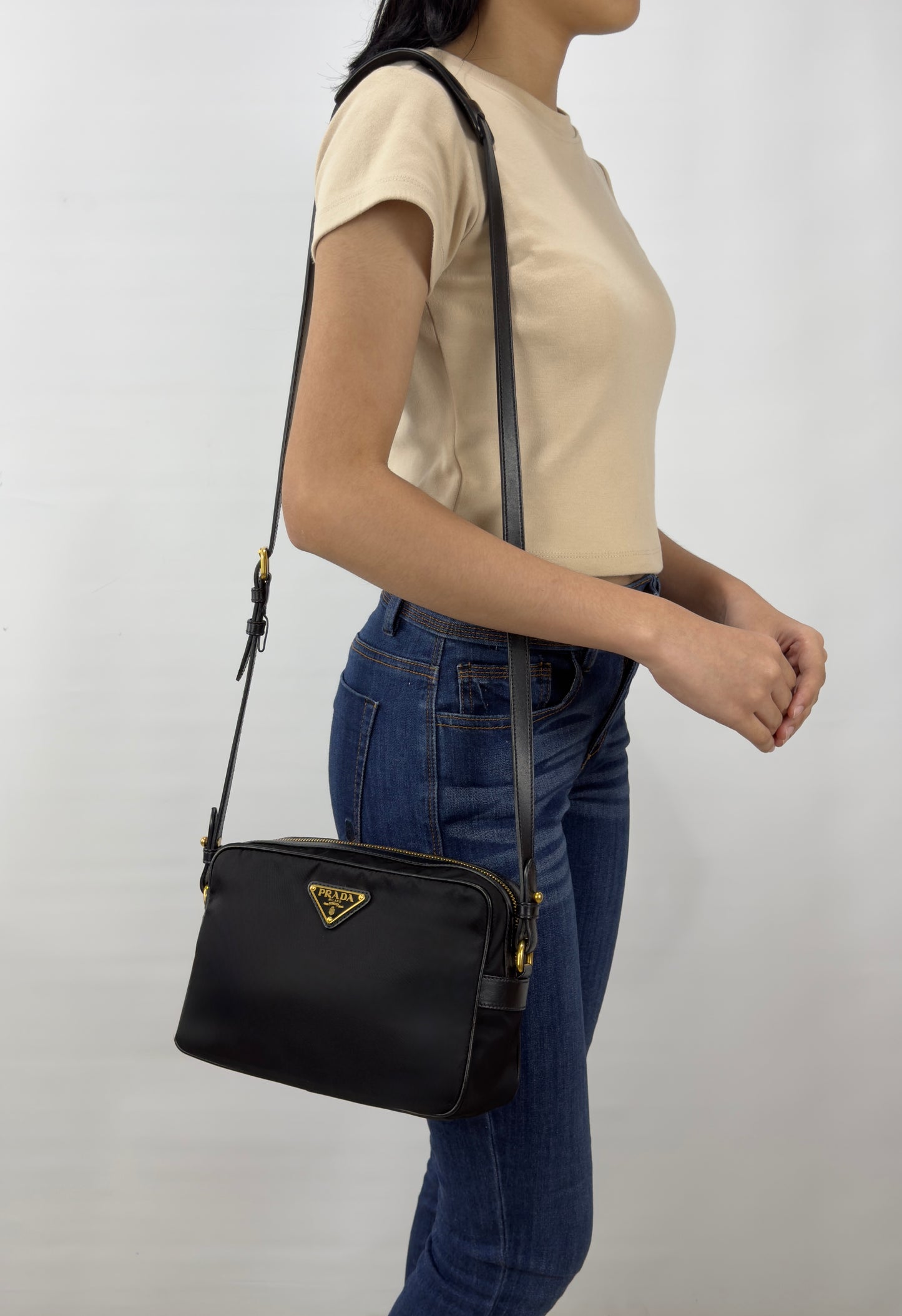 Prada Leather Zip Top Camera Crossbody Bag