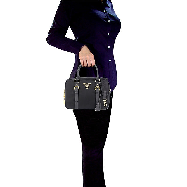 Prada Black Nylon and Leather Bauletto Satchel Bag