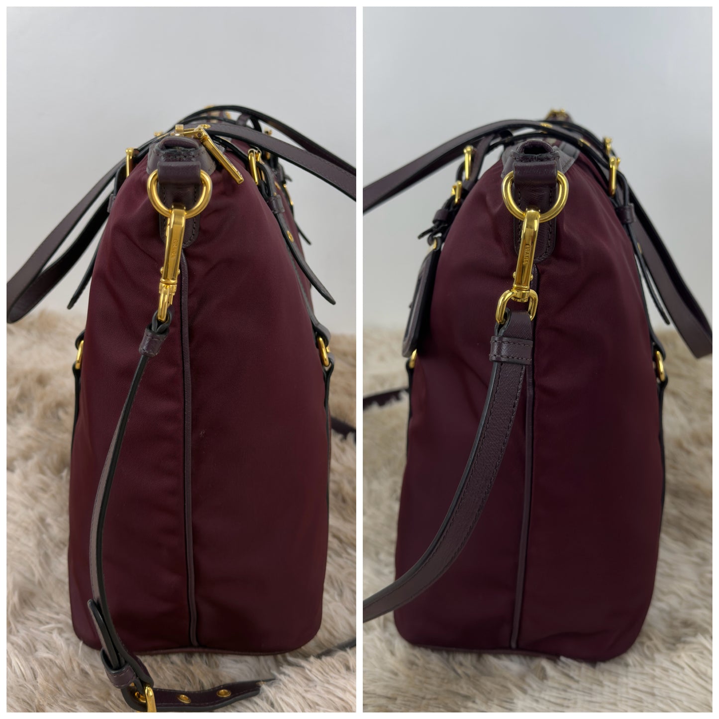 Prada Tessuto Nylon and Saffiano Leather Tote Bag In Burgundy