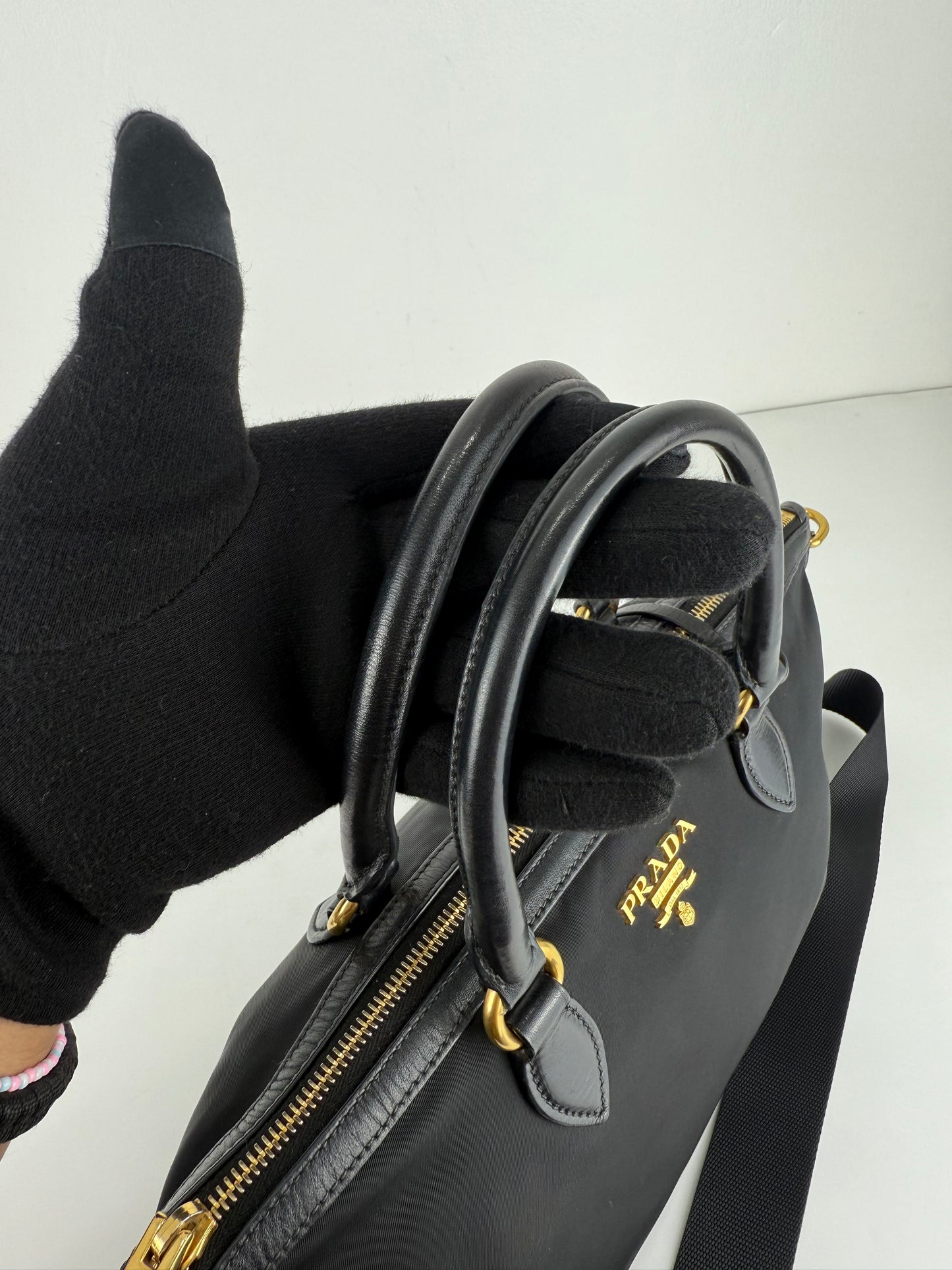 Prada Nylon Tessuto Black Leather Clochette
Crossbody Tote Bag