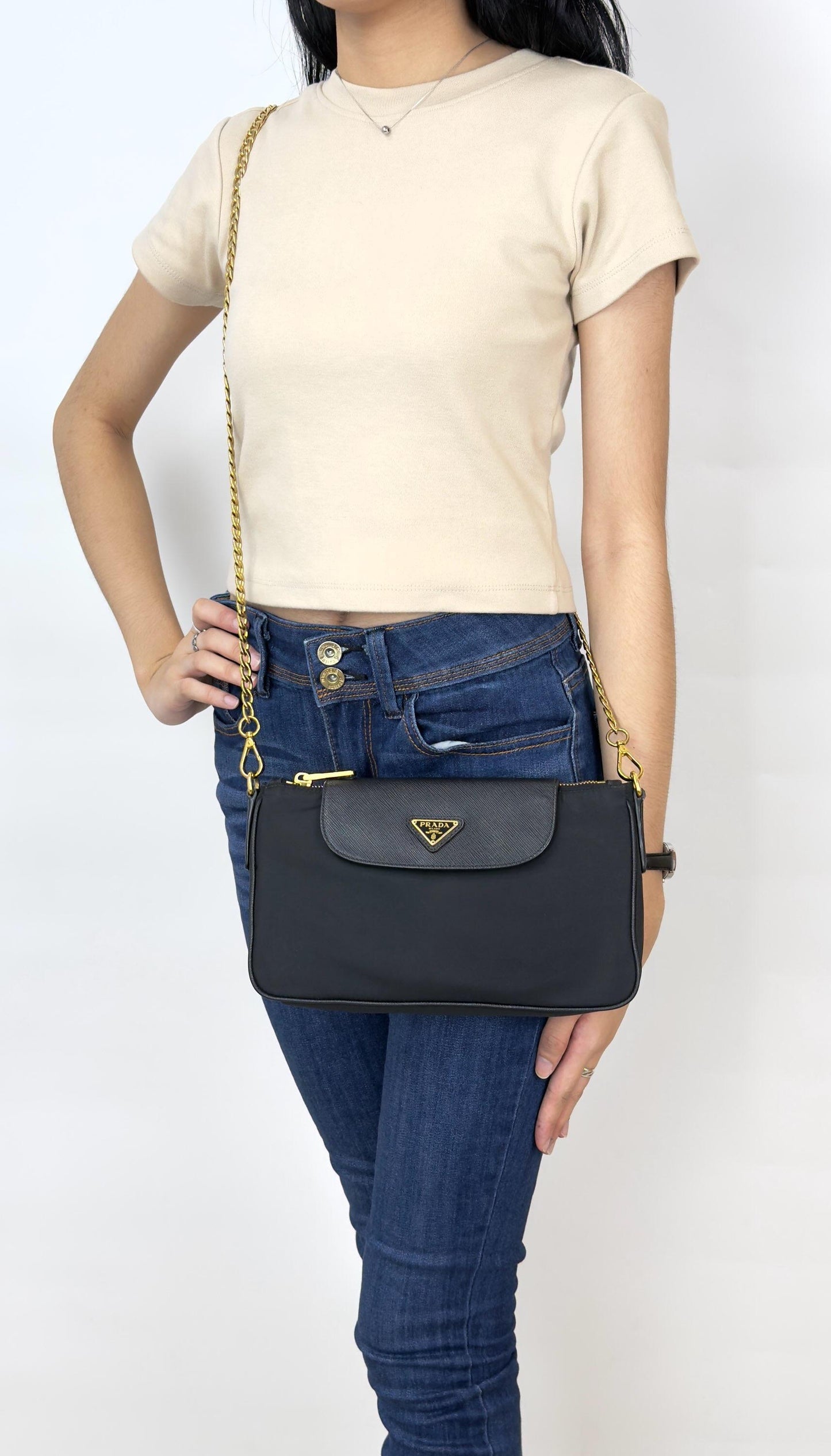 Prada Black Tessuto Nylon Saffiano Chain