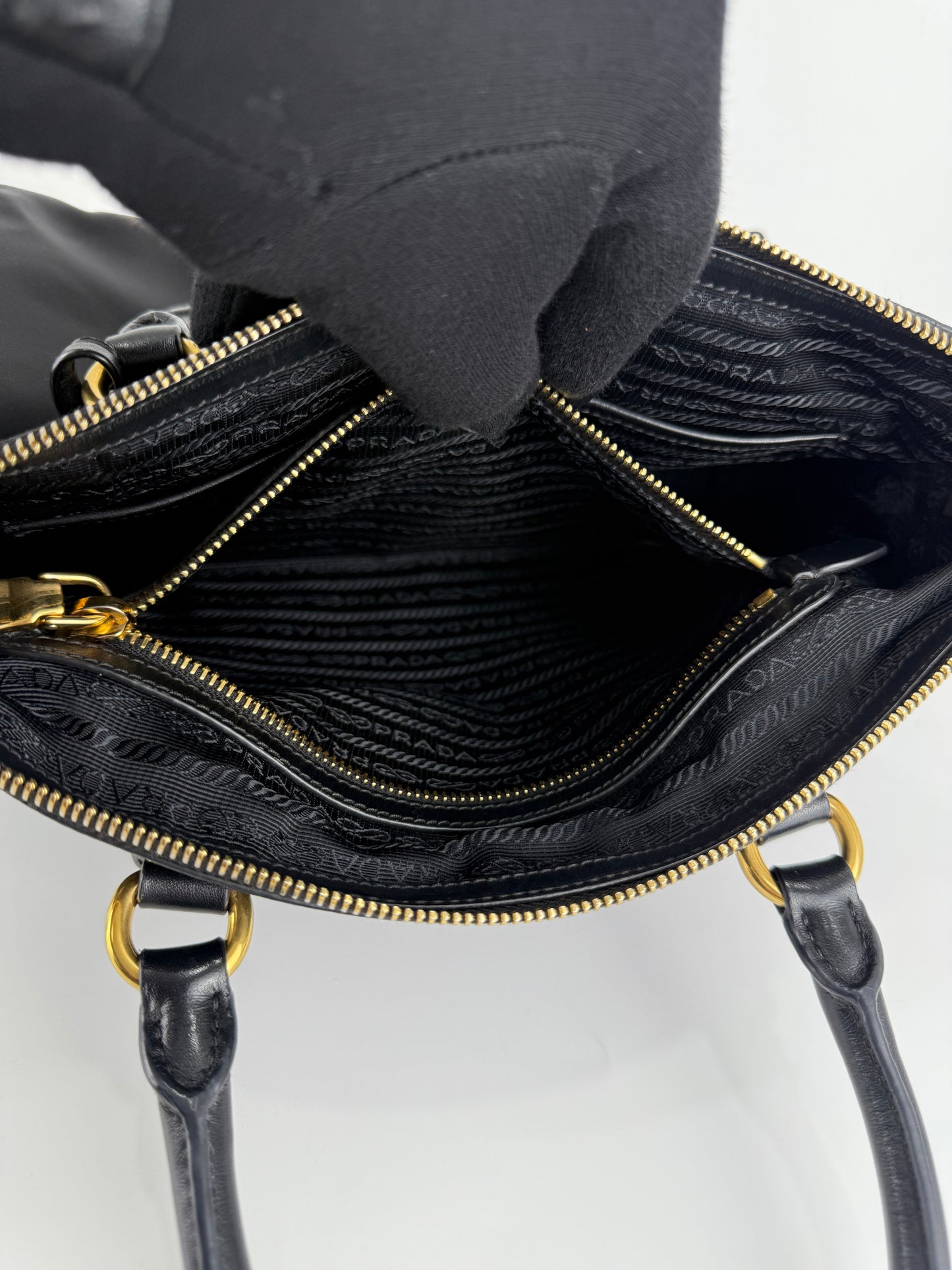 Prada Nylon Tessuto Black Leather Clochette
Crossbody Tote Bag