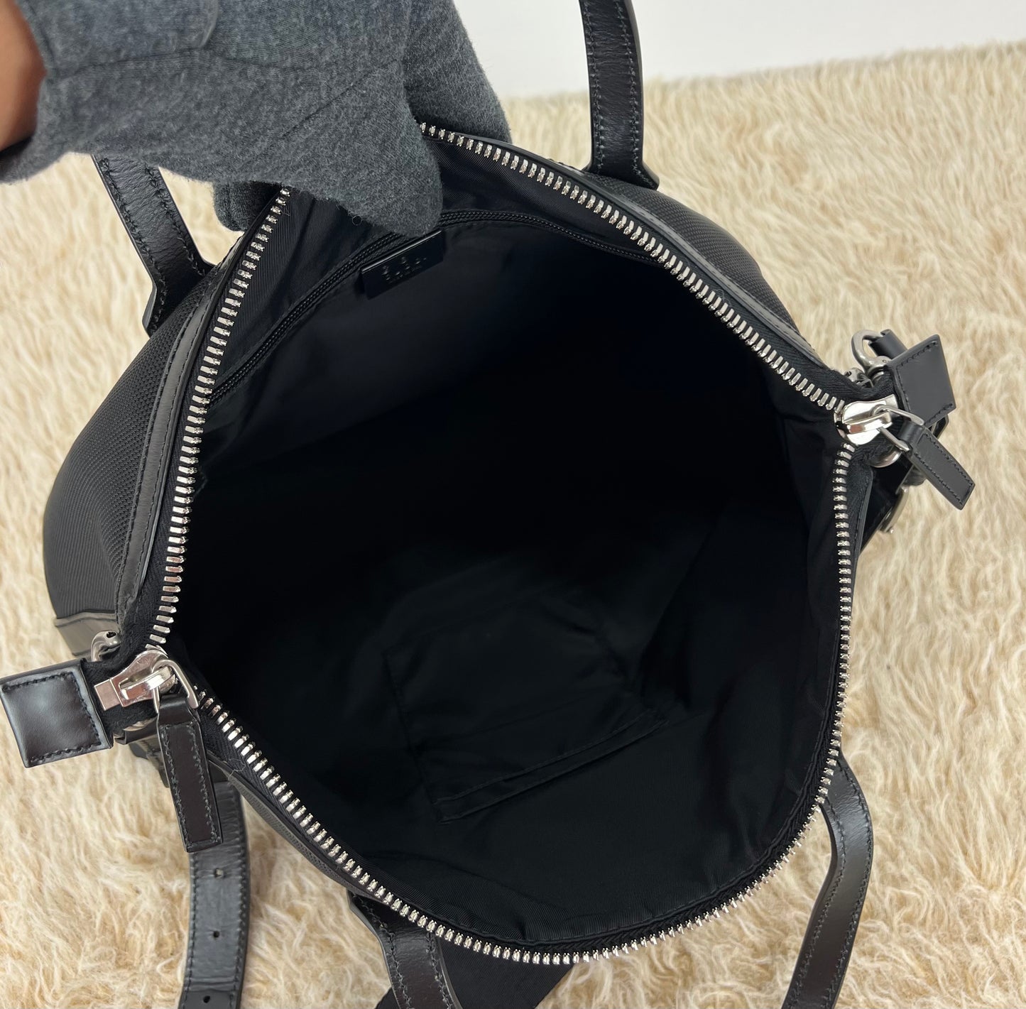 Gucci Black Leather Techno Web Canvas Tote And Shoulder Bag