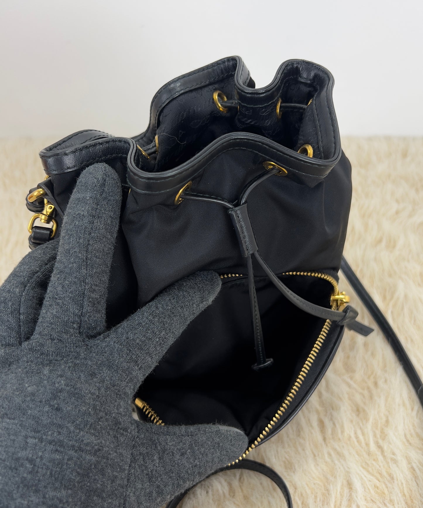 Prada Drawstring Bucket Bag Tessuto