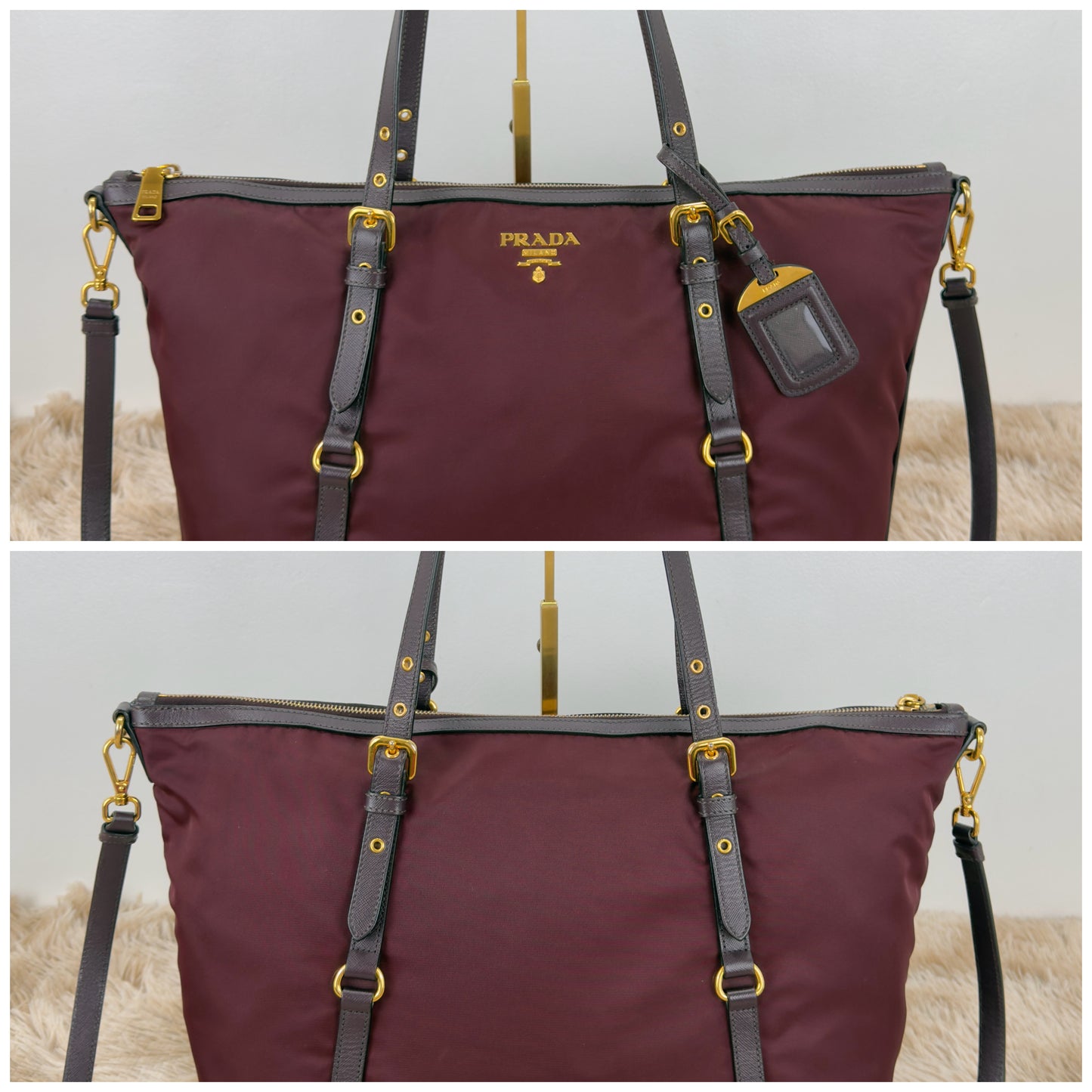 Prada Tessuto Nylon and Saffiano Leather Tote Bag In Burgundy