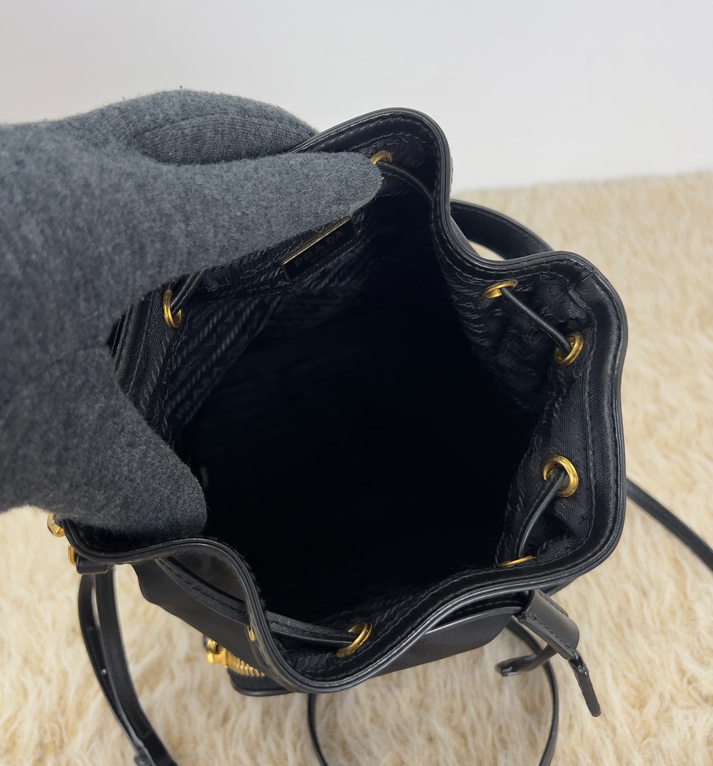 Prada Drawstring Bucket Bag Tessuto