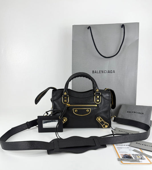 Balenciaga Black Leather Mini Classic Metallic Edge City Bag