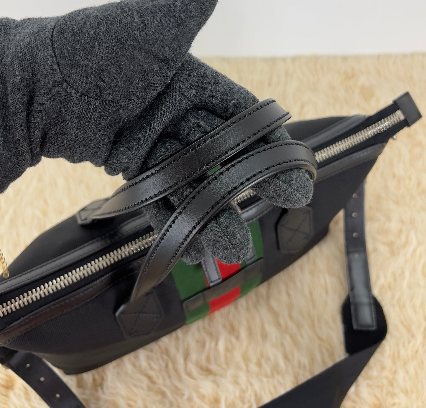 Gucci Black Leather Techno Web Canvas Tote And Shoulder Bag