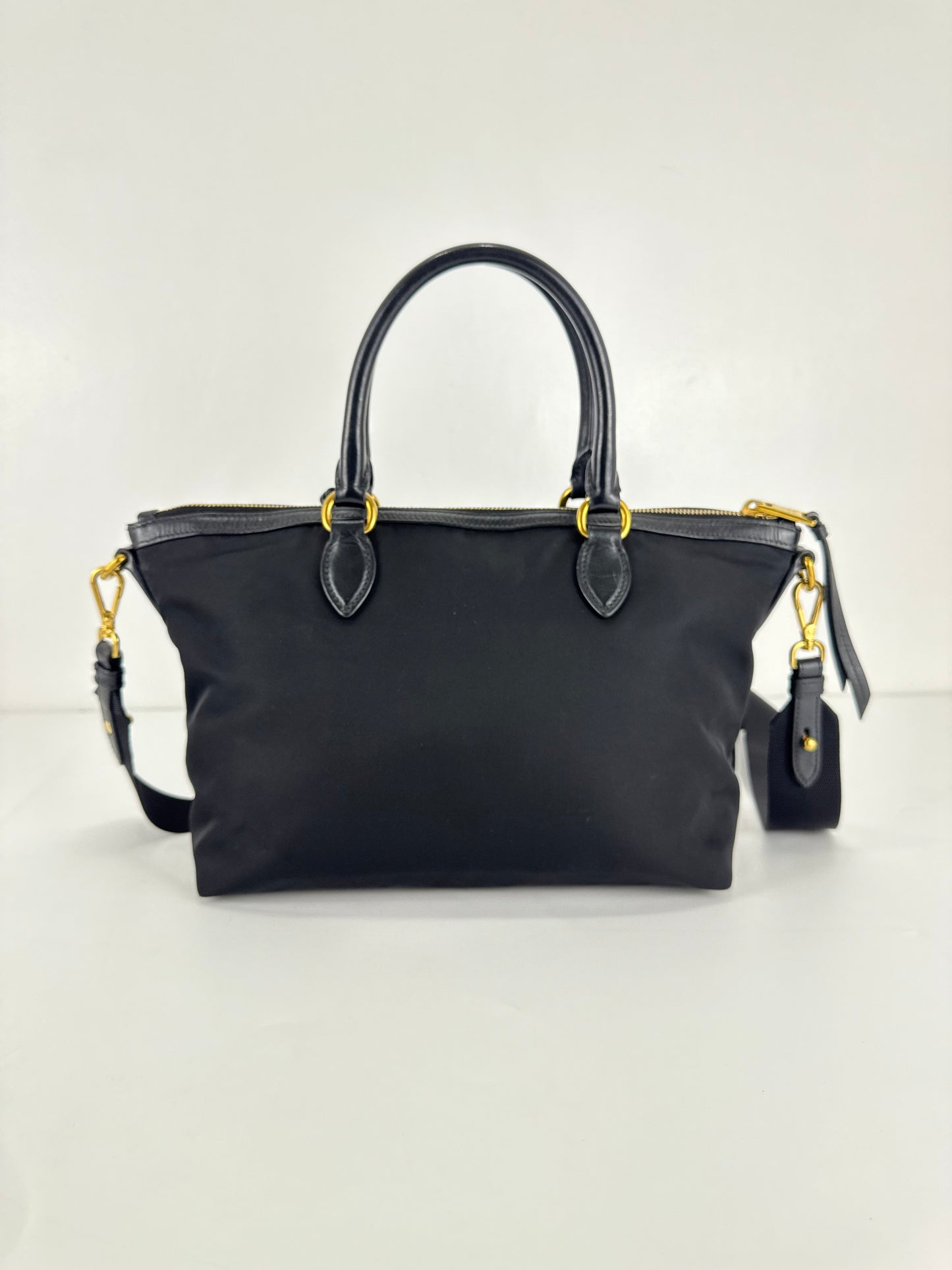 Prada Nylon Tessuto Black Leather Clochette
Crossbody Tote Bag