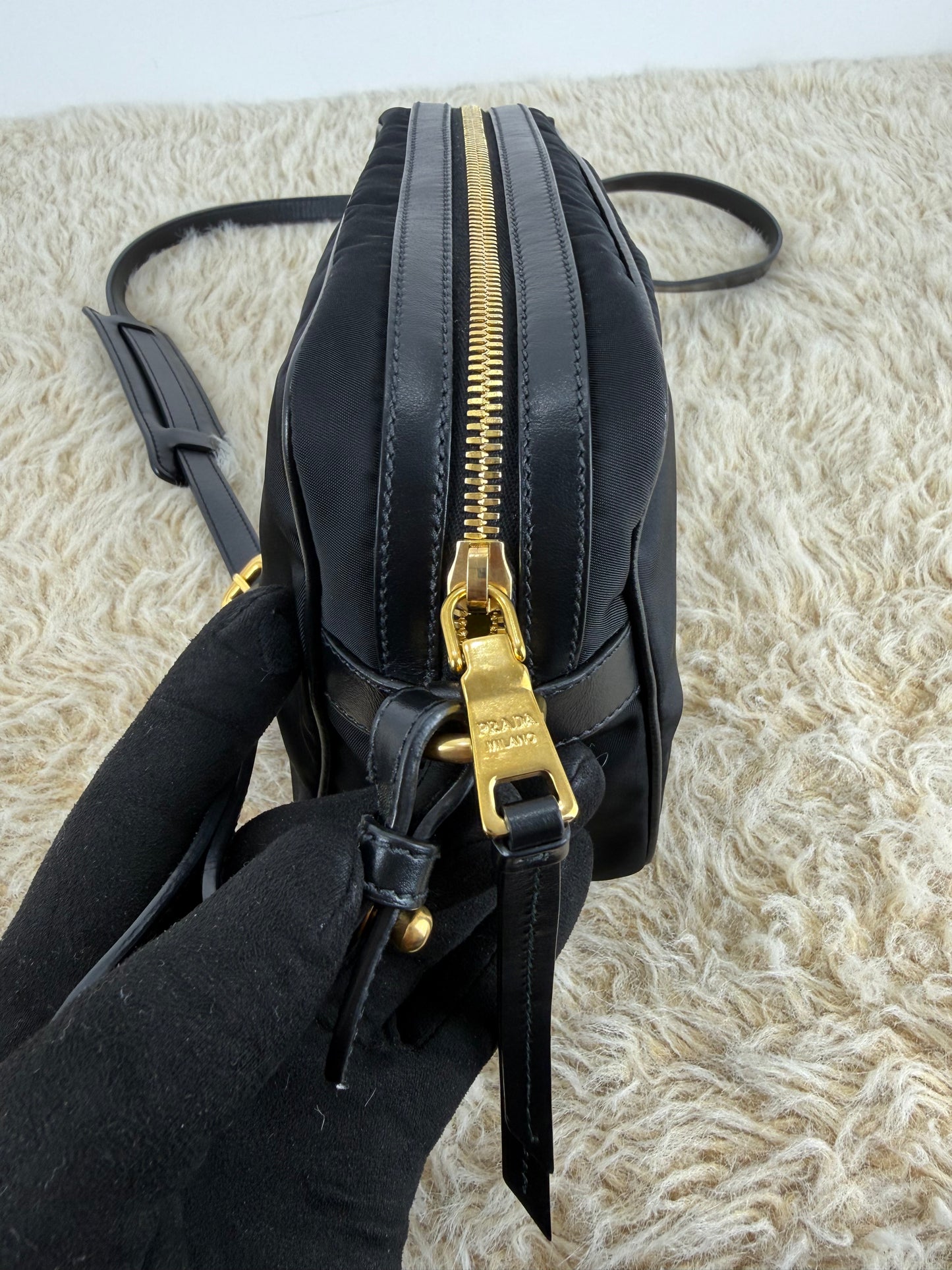 Prada Leather Zip Top Camera Crossbody Bag