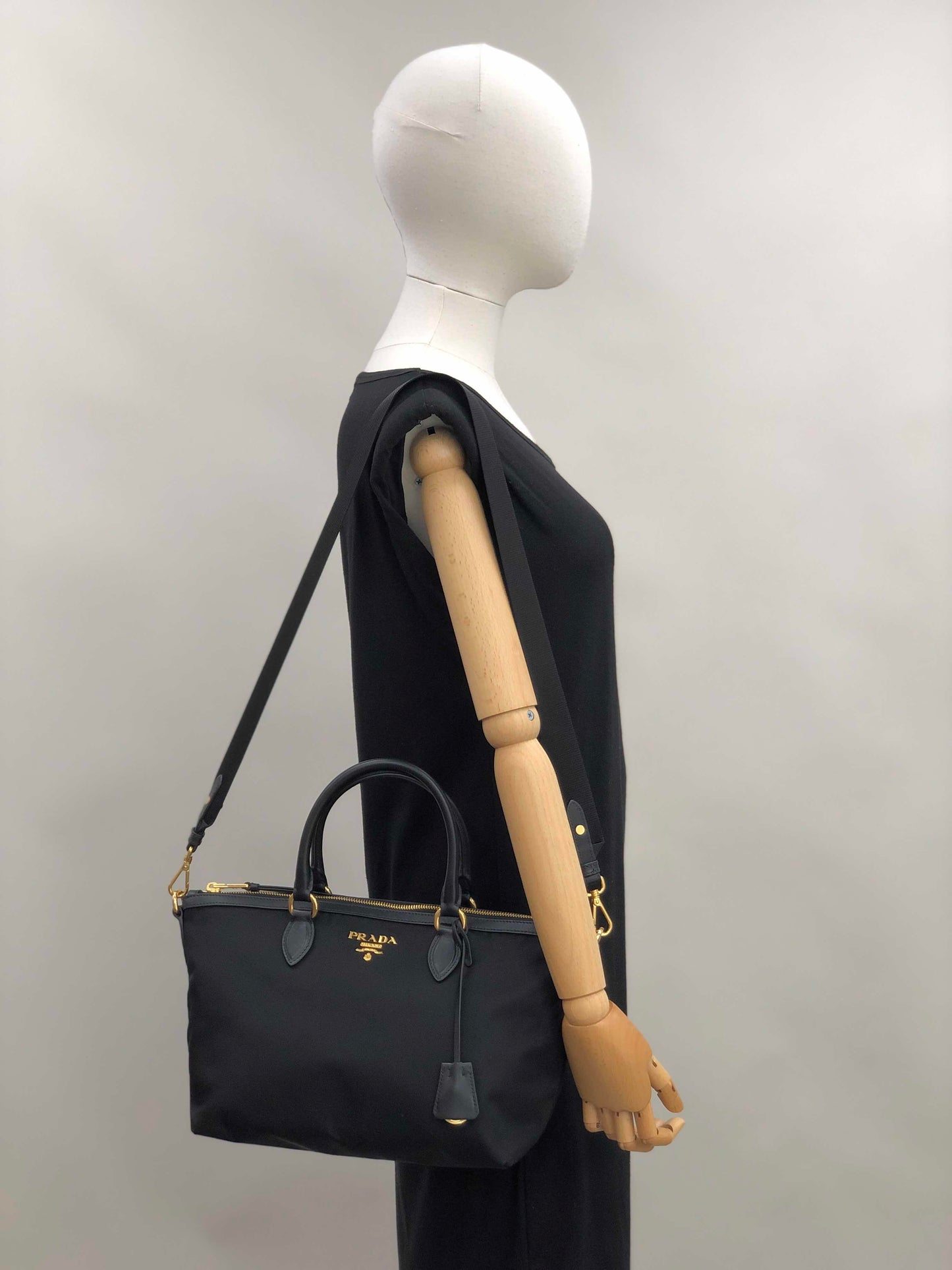 Prada Nylon Tessuto Black Leather Clochette
Crossbody Tote Bag