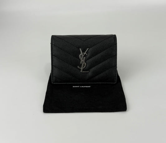 YSL BLACK GRAIN DE POUDRE MONOGRAM BIFOLD WALLET CARD CASE