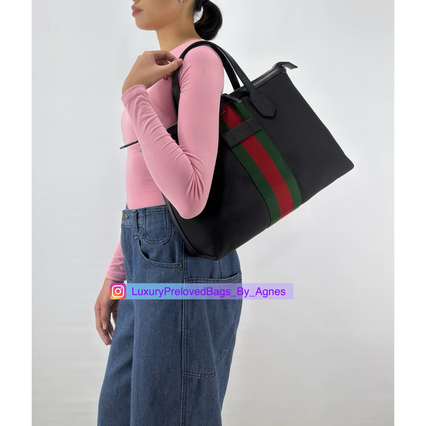 Gucci Black Leather Techno Web Canvas Tote And Shoulder Bag