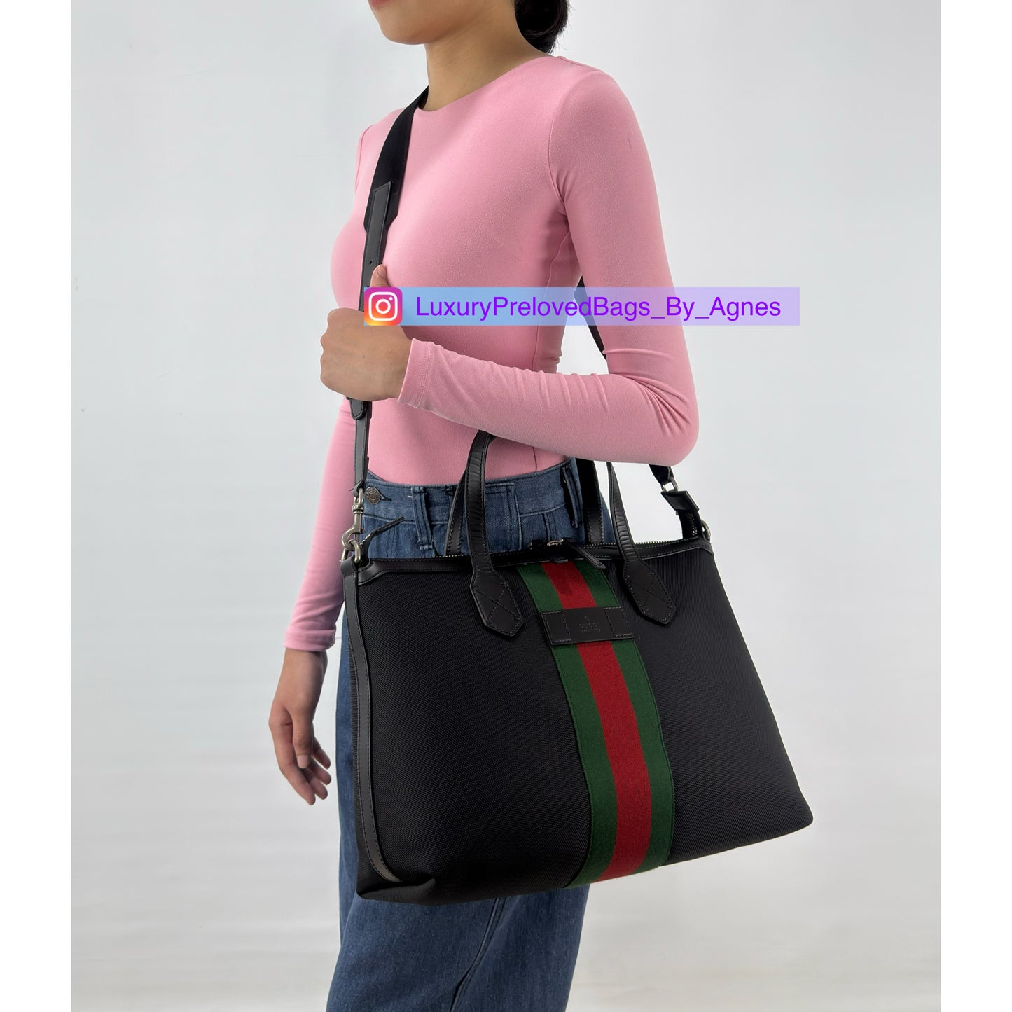 Gucci Black Leather Techno Web Canvas Tote And Shoulder Bag
