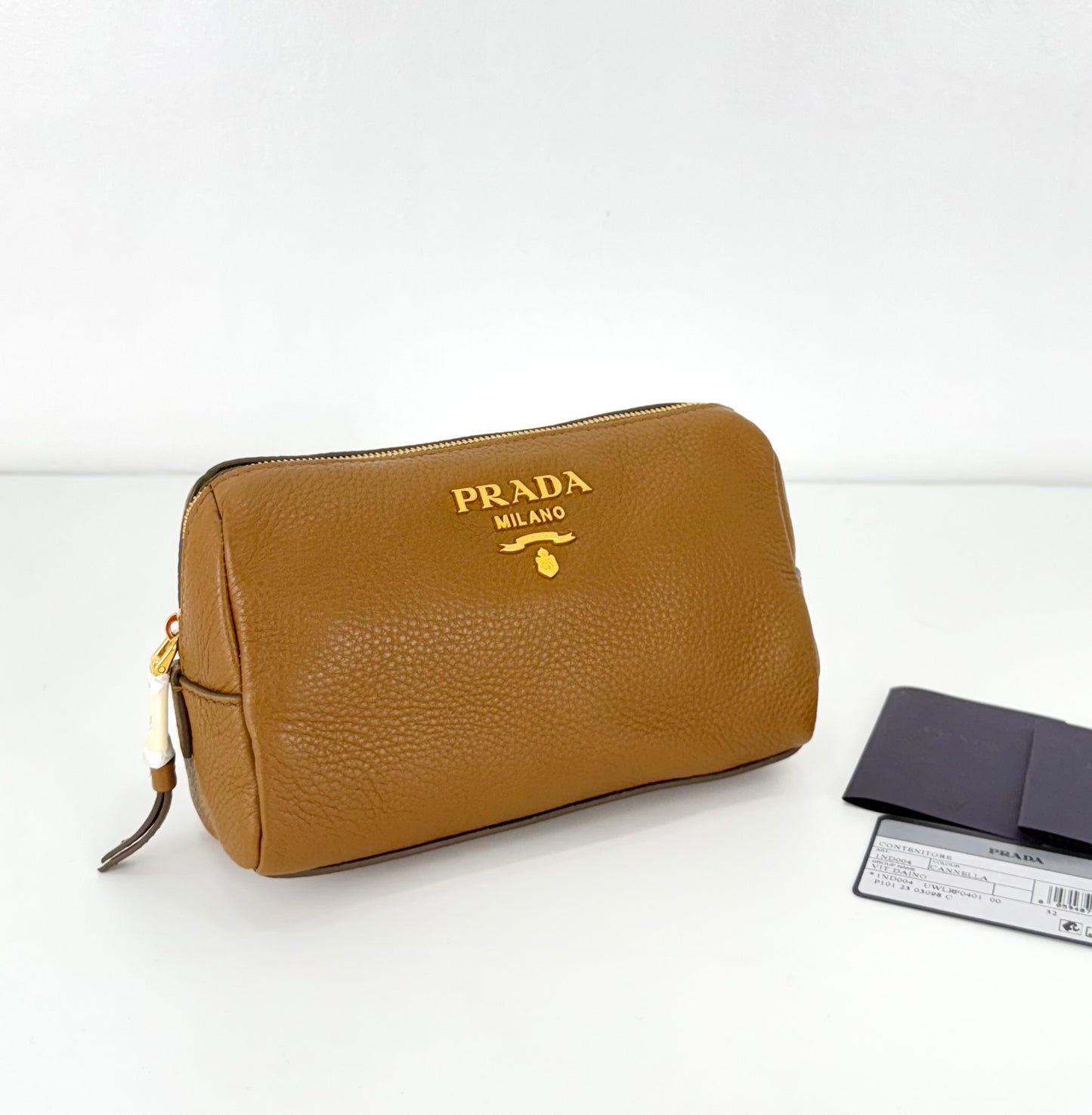 Prada Vitello Daino Canella Brown Leather Cosmetic Pouch