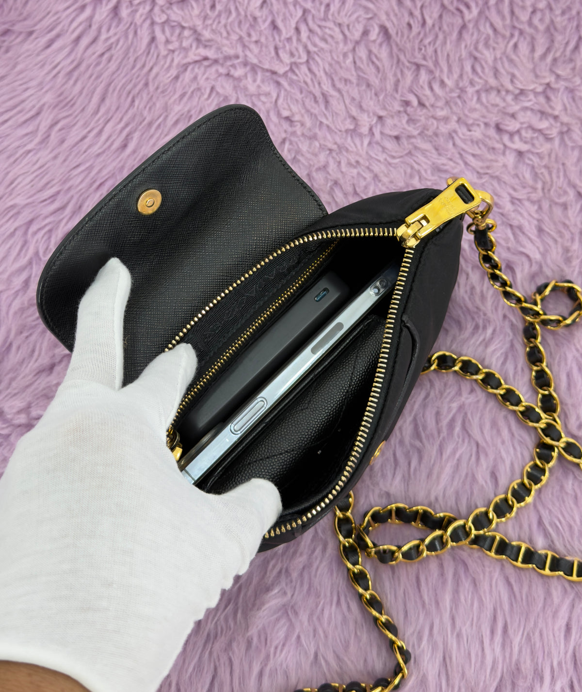 Prada Tessuto Nylon Saffiano Leather Chain Crossbody