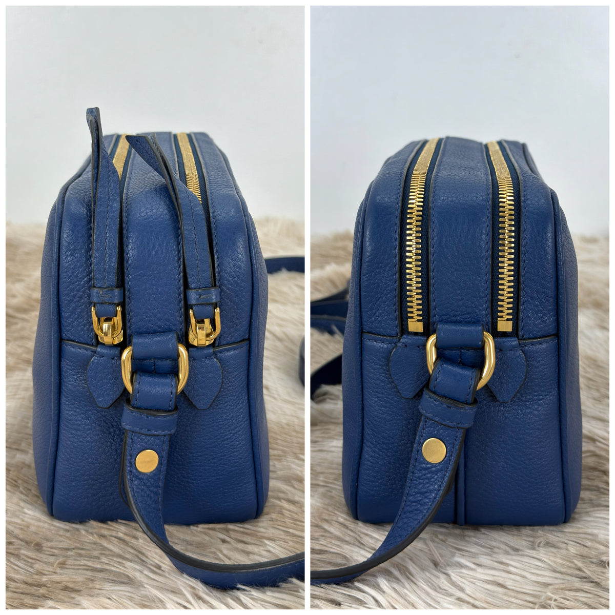 Prada Bluette Vitello Phenix Double Zip Camera Bag