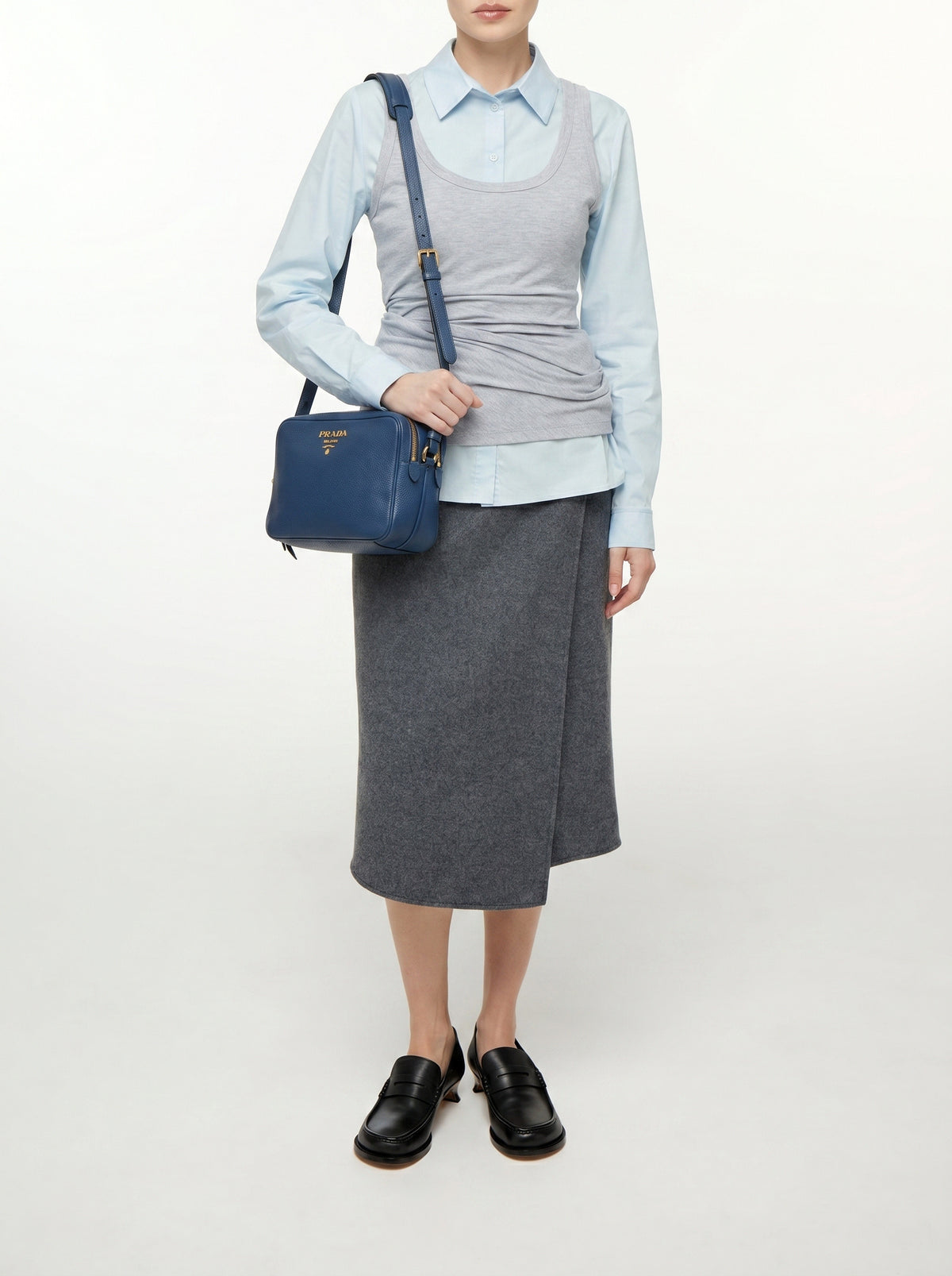 Prada Bluette Vitello Phenix Double Zip Camera Bag