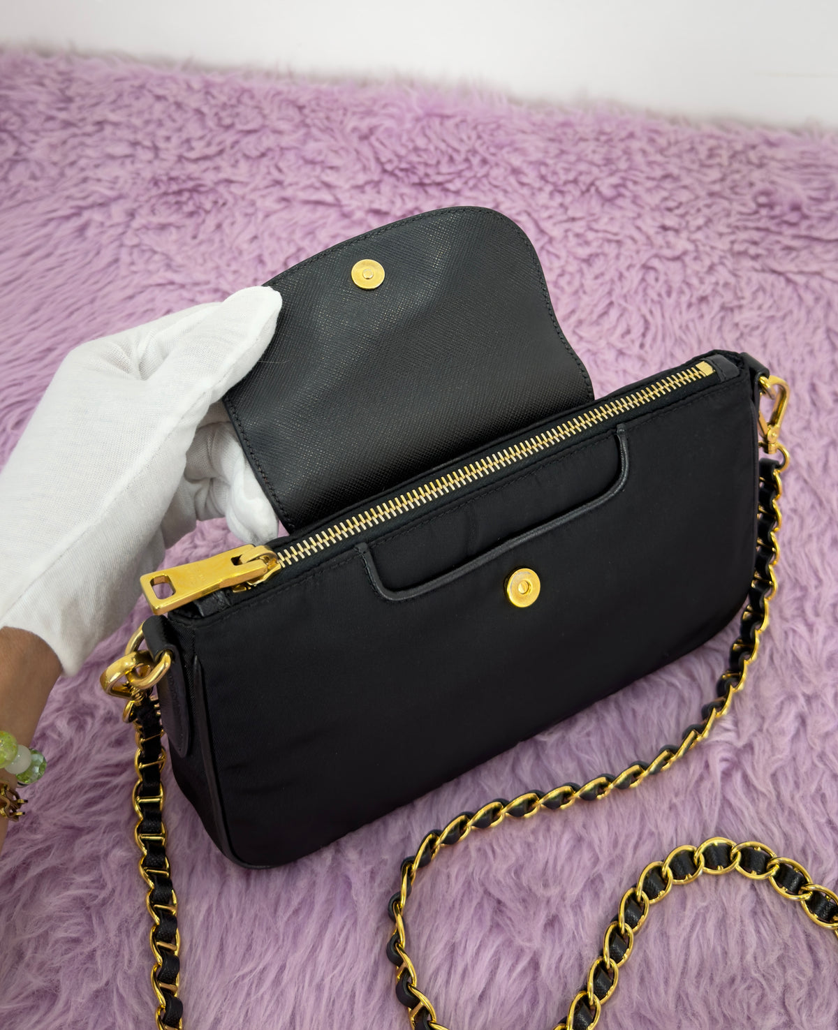 Prada Tessuto Nylon Saffiano Leather Chain Crossbody