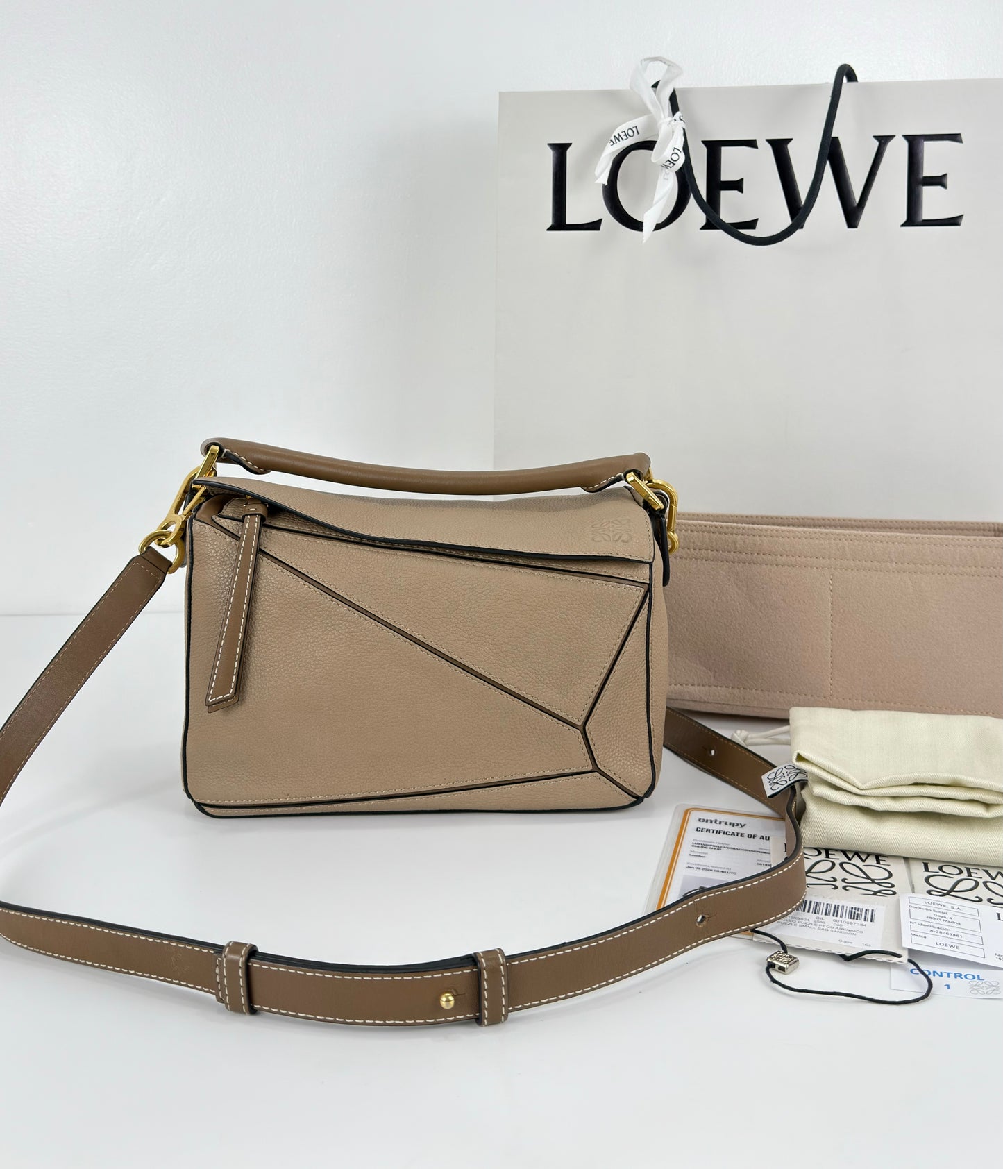 Loewe Grained Calfskin Small Puzzle Bag In Sand And Mink
