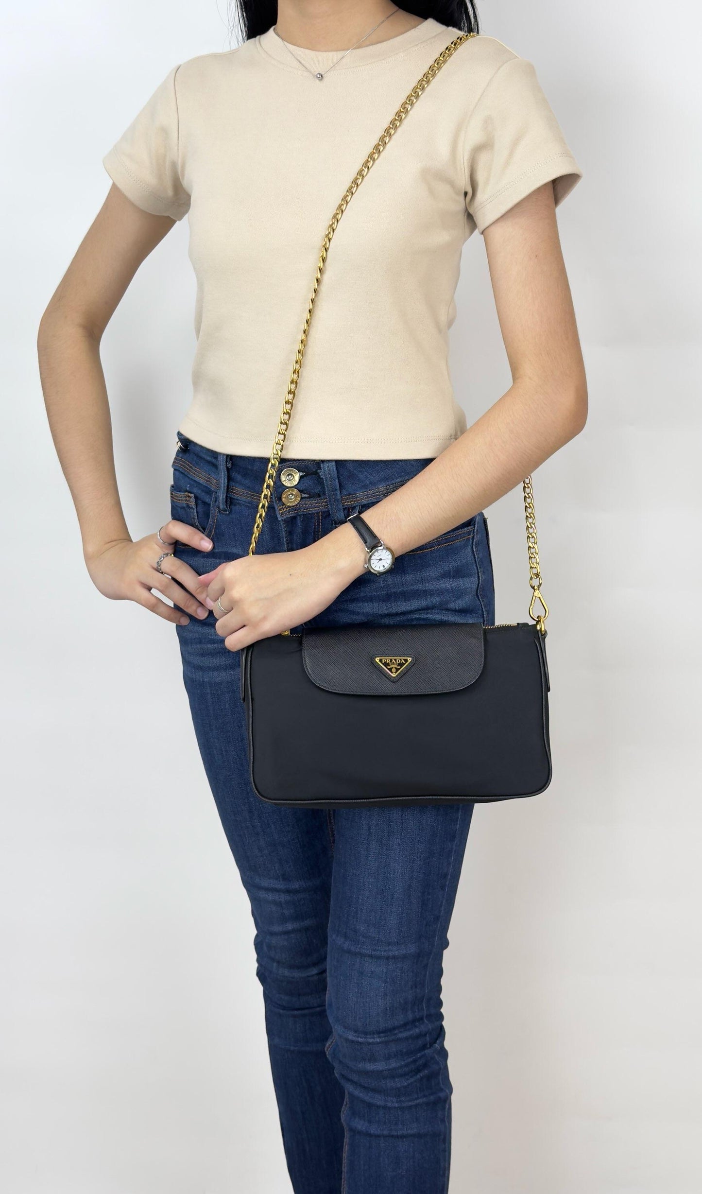 Prada Black Tessuto Nylon Saffiano Chain