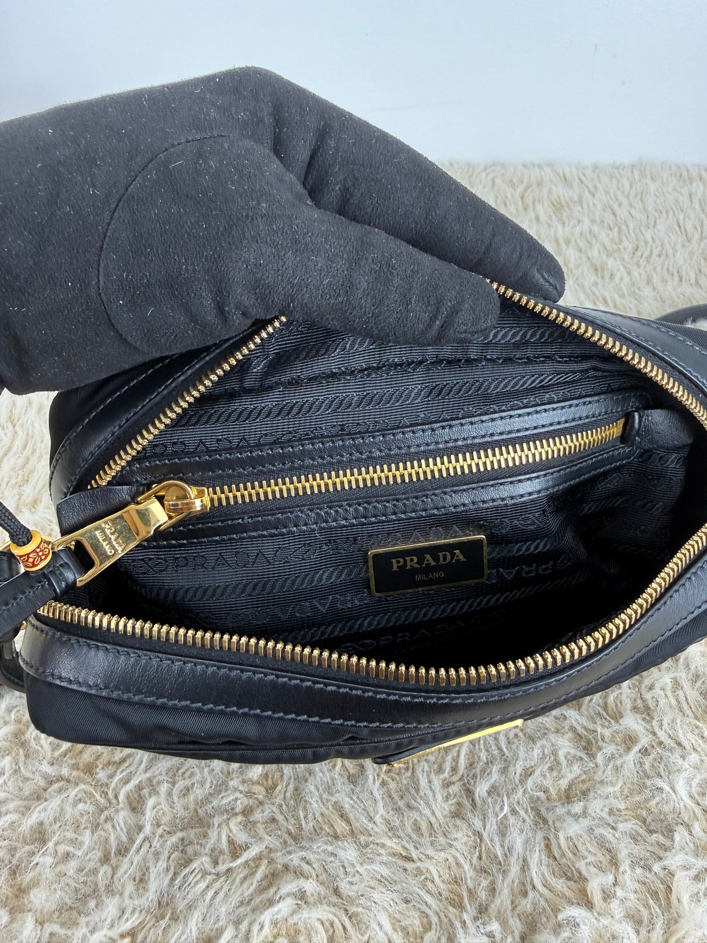 Prada Leather Zip Top Camera Crossbody Bag