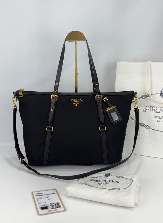 Prada Black Tessuto Nylon And Saffiano Leather Tote Bag