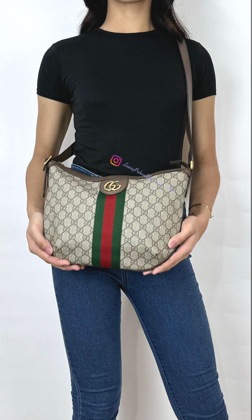 Gucci Beige GG Supreme Web Ophidia Small Half Moon Hobo