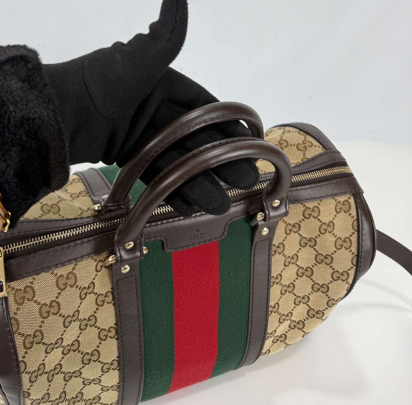 Gucci Brown Monogram Canvas Web Boston Bag