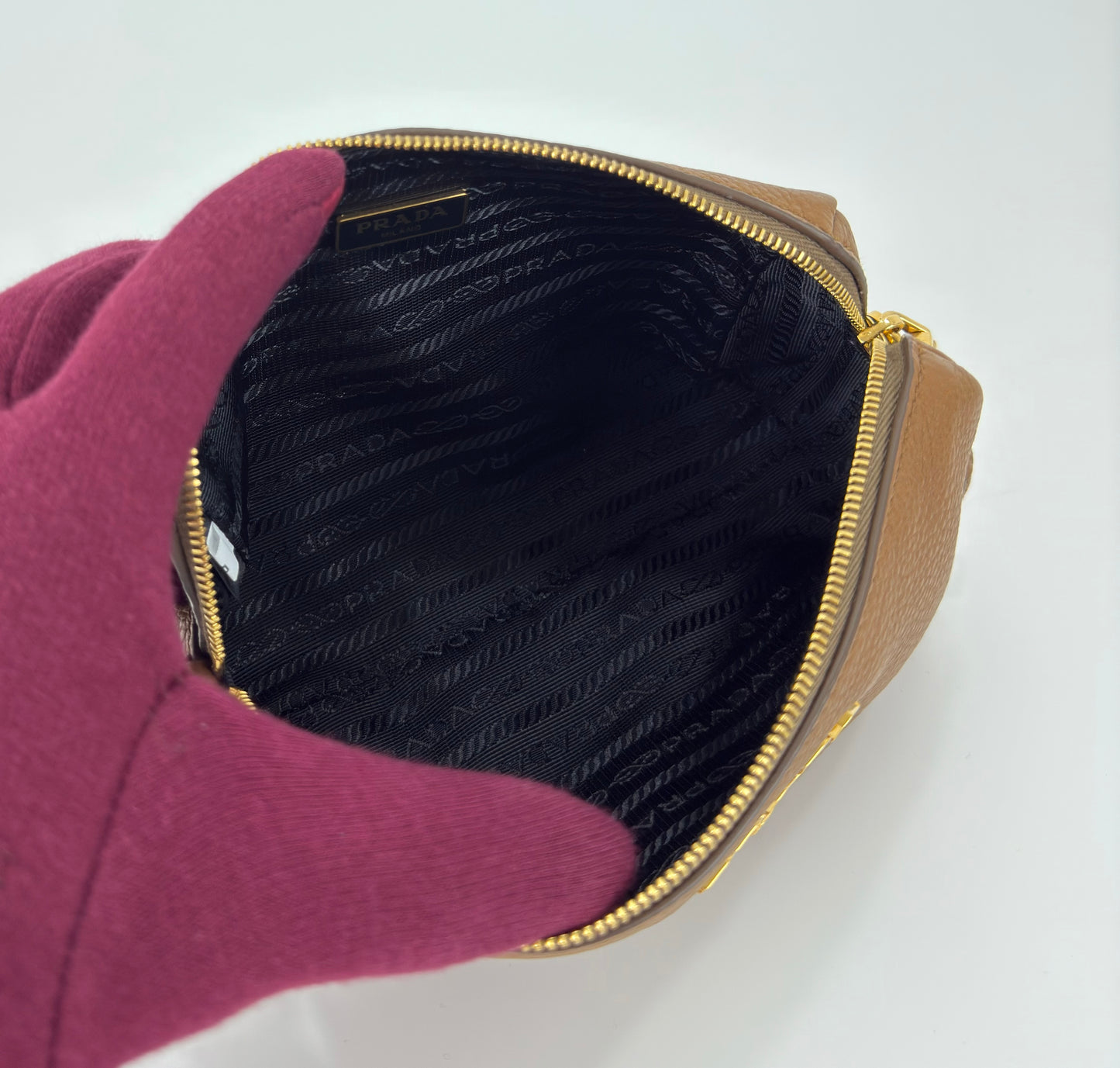 Prada Vitello Daino Canella Brown Leather Cosmetic Pouch