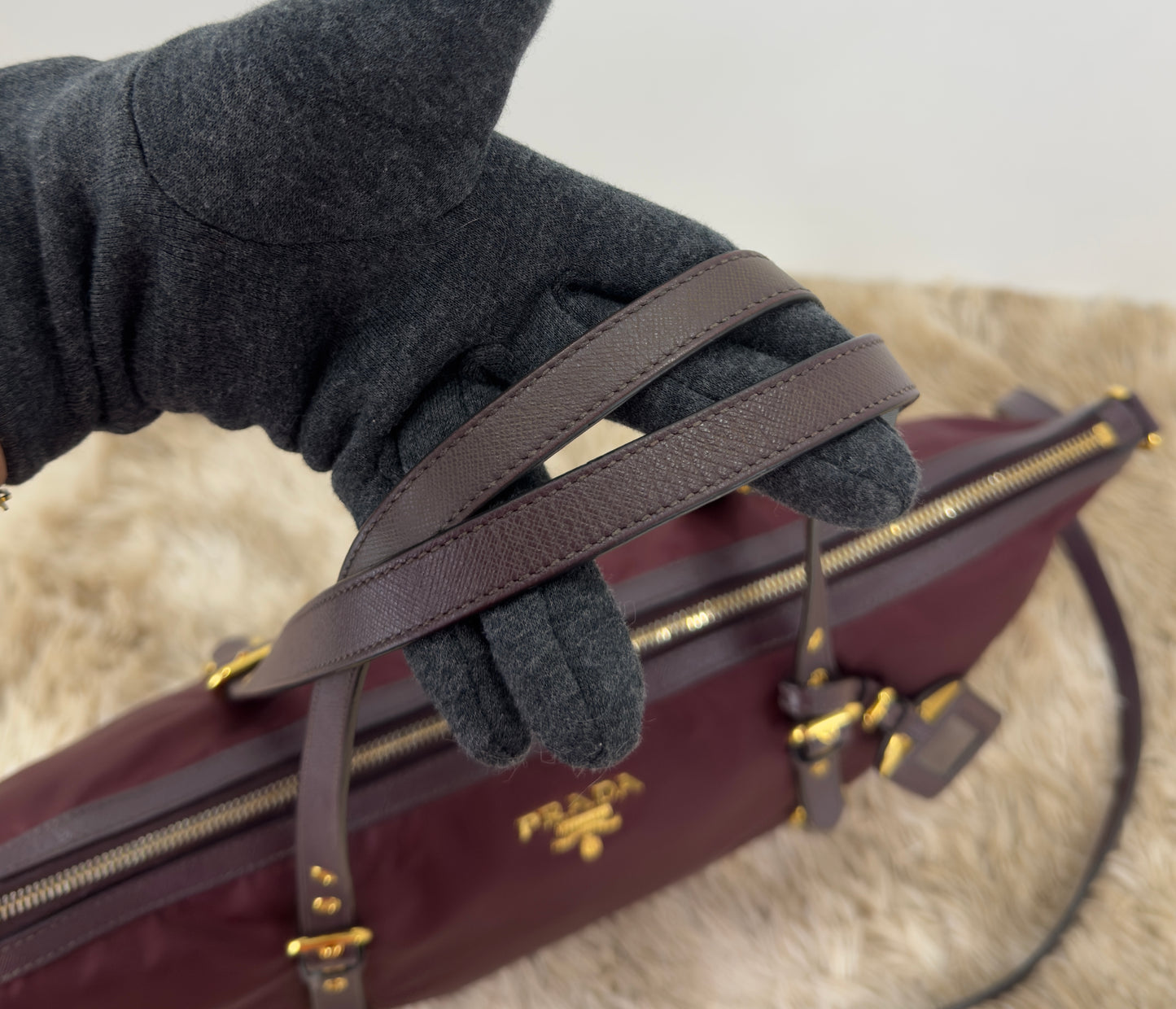 Prada Tessuto Nylon and Saffiano Leather Tote Bag In Burgundy