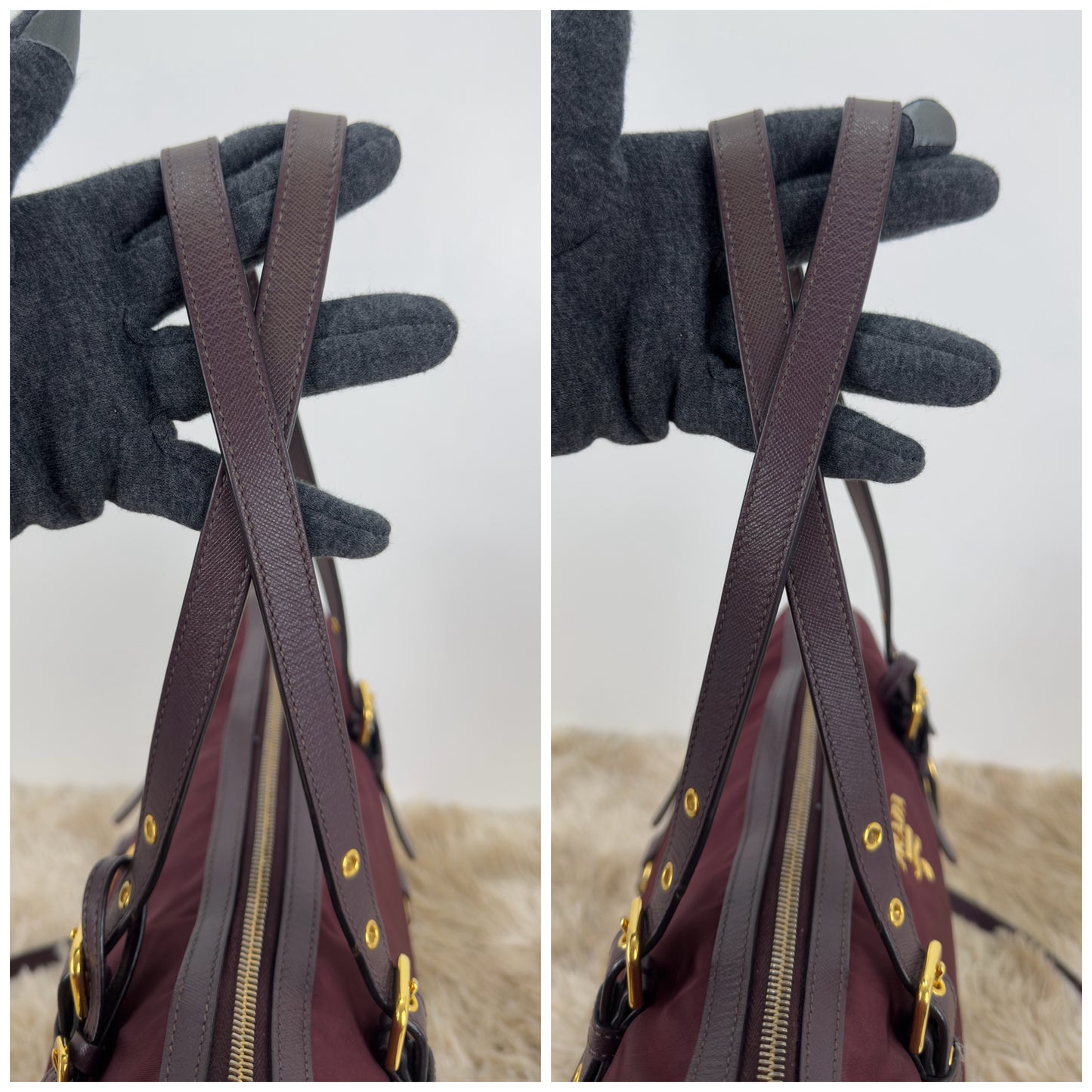Prada Tessuto Nylon and Saffiano Leather Tote Bag In Burgundy