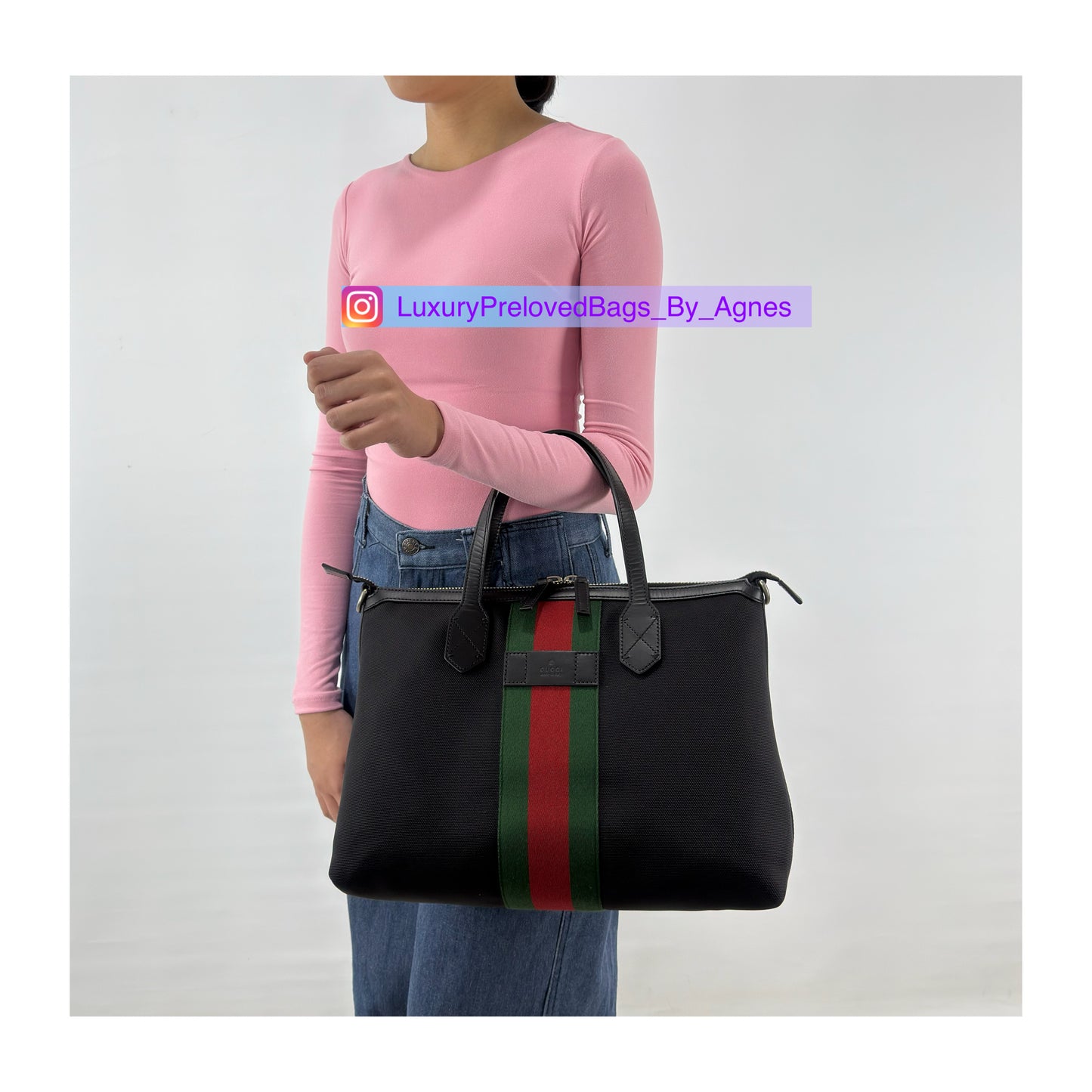 Gucci Black Leather Techno Web Canvas Tote And Shoulder Bag