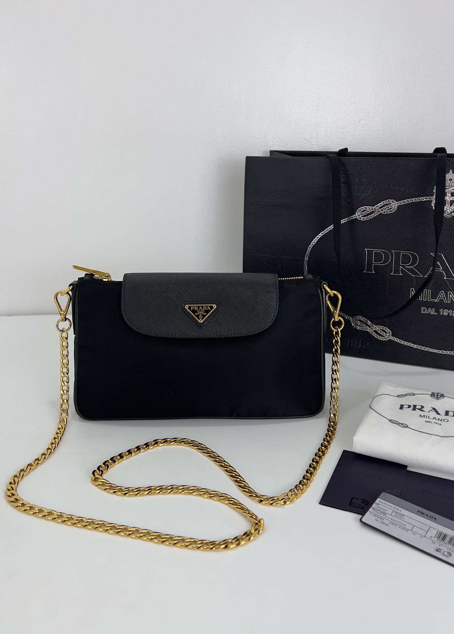 Prada Black Tessuto Nylon Saffiano Chain