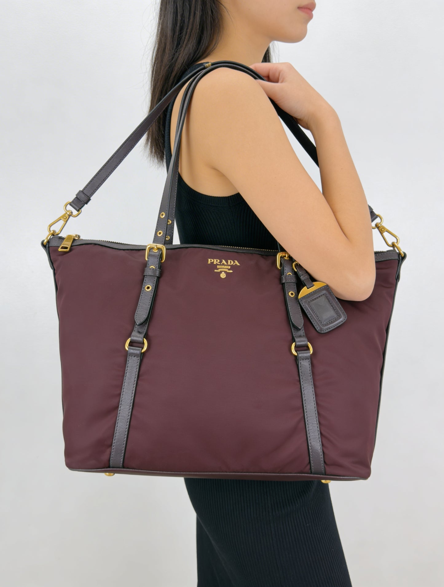 Prada Tessuto Nylon and Saffiano Leather Tote Bag In Burgundy