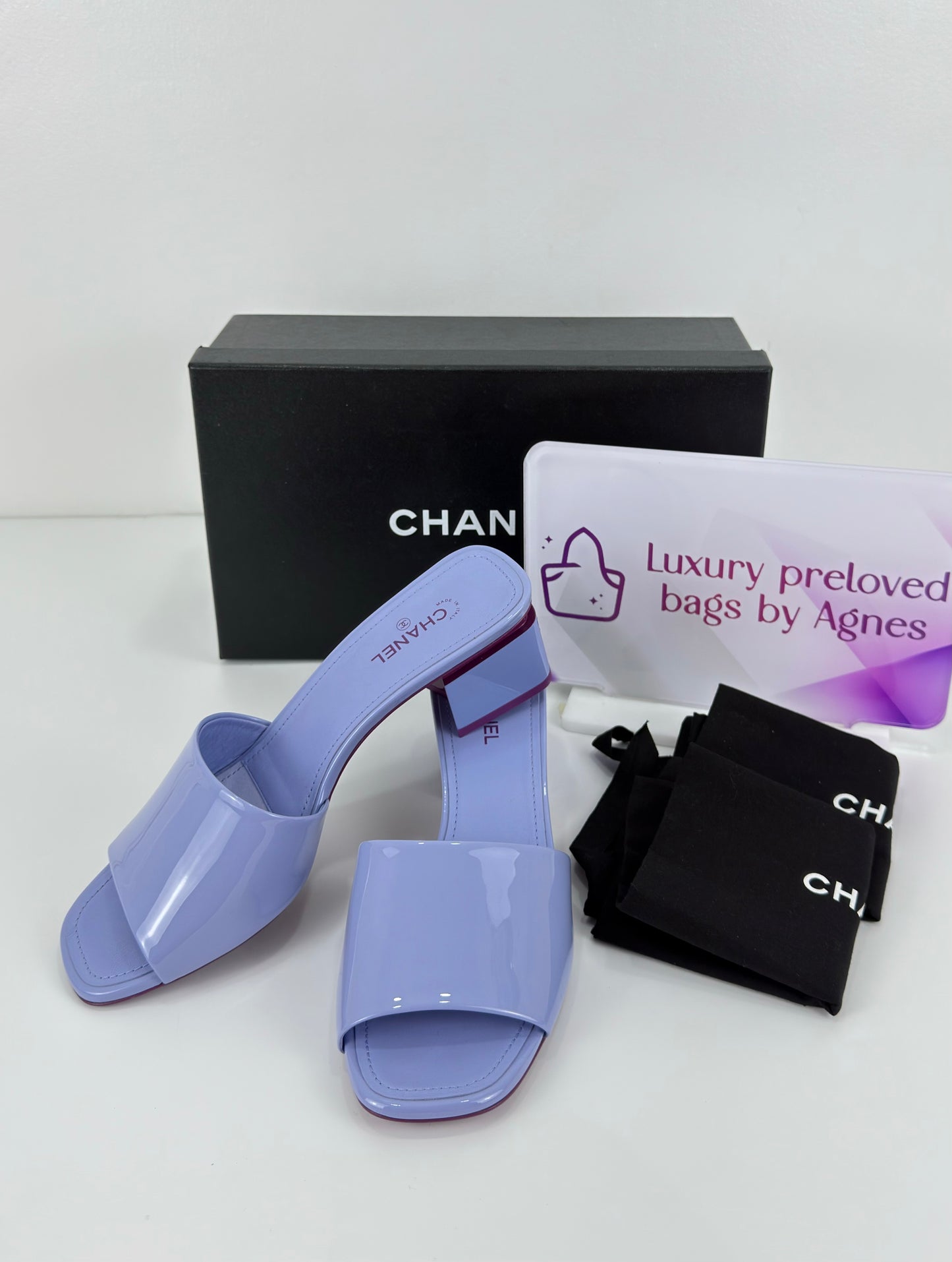 Chanel Purple Mules Patent Leather CC Block
Heel Slide Sandals Size 39