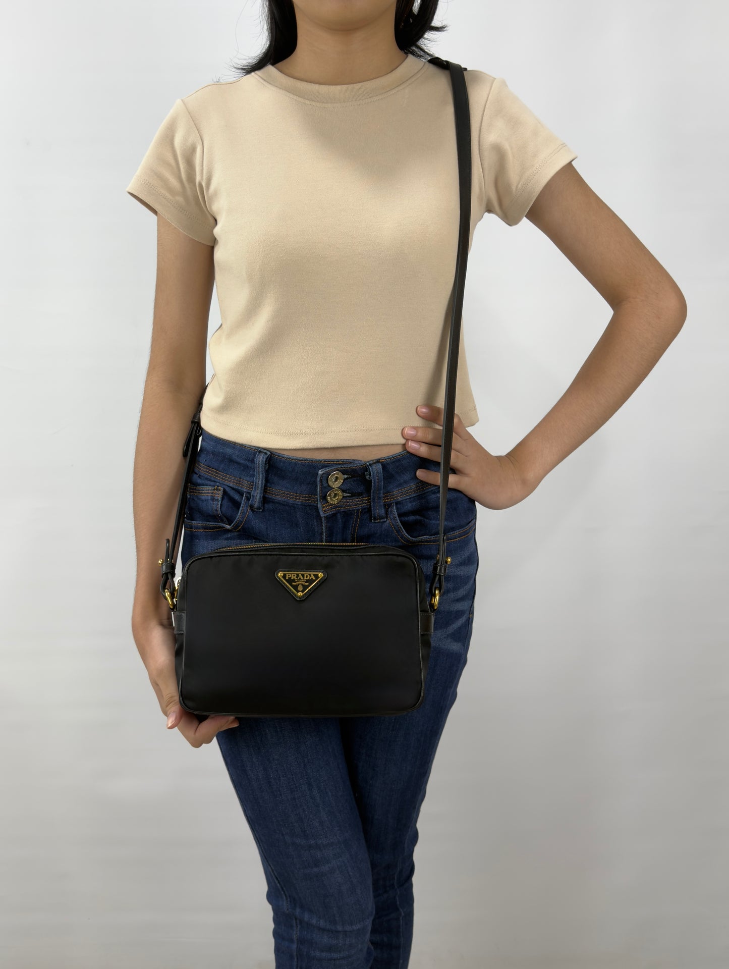 Prada Leather Zip Top Camera Crossbody Bag