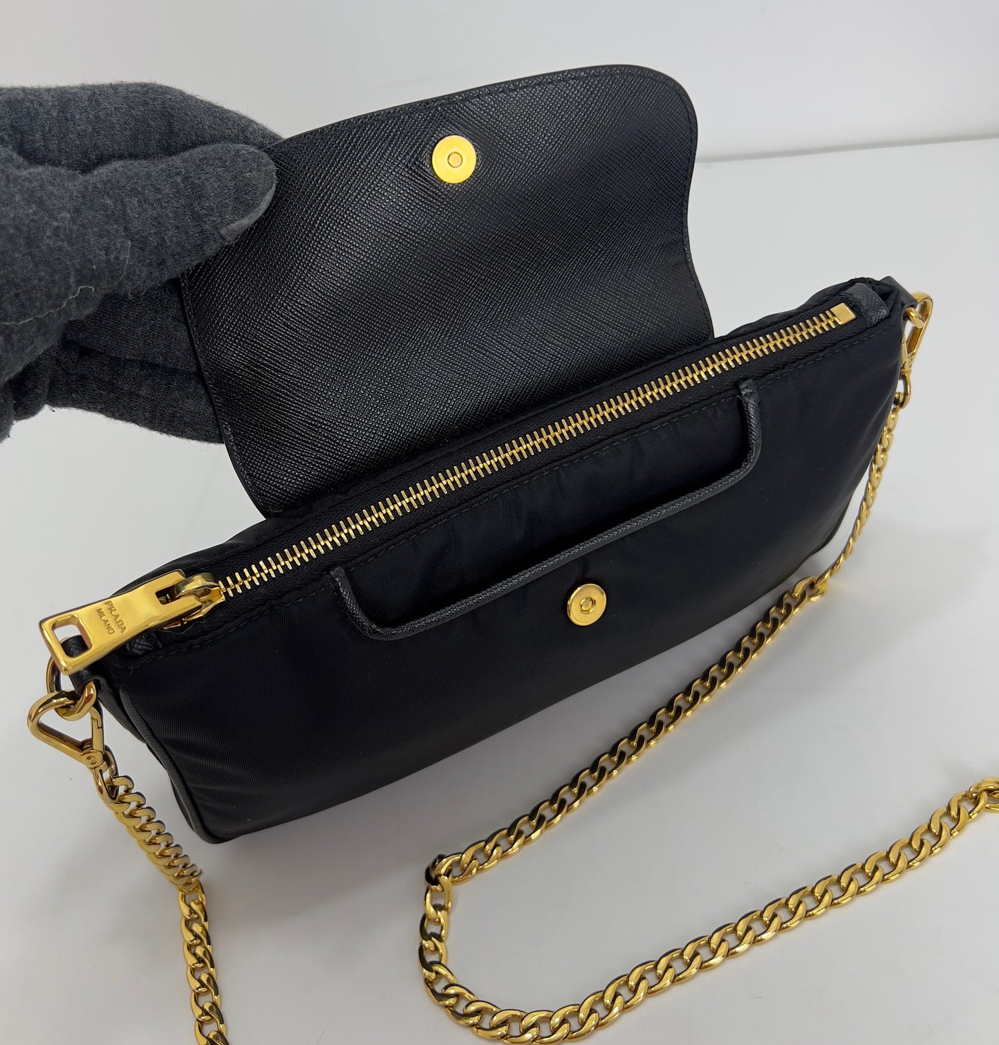 Prada Black Tessuto Nylon Saffiano Chain