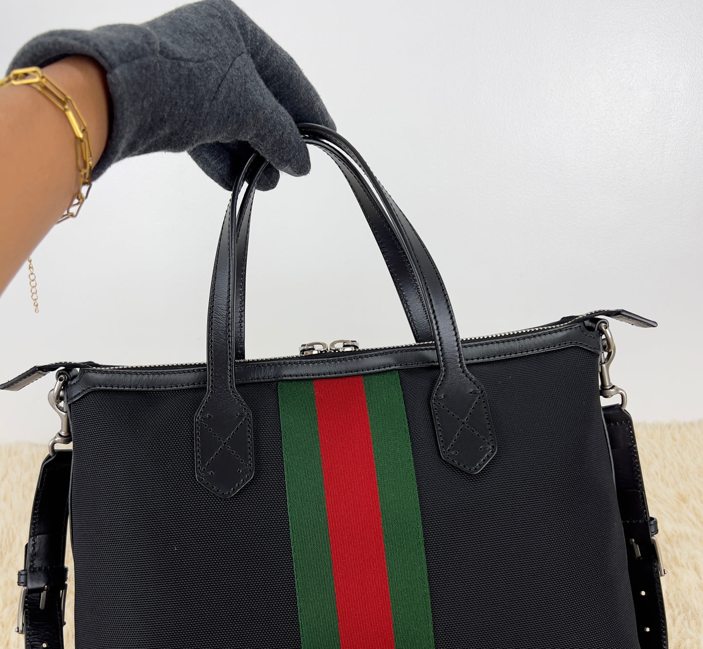 Gucci Black Leather Techno Web Canvas Tote And Shoulder Bag