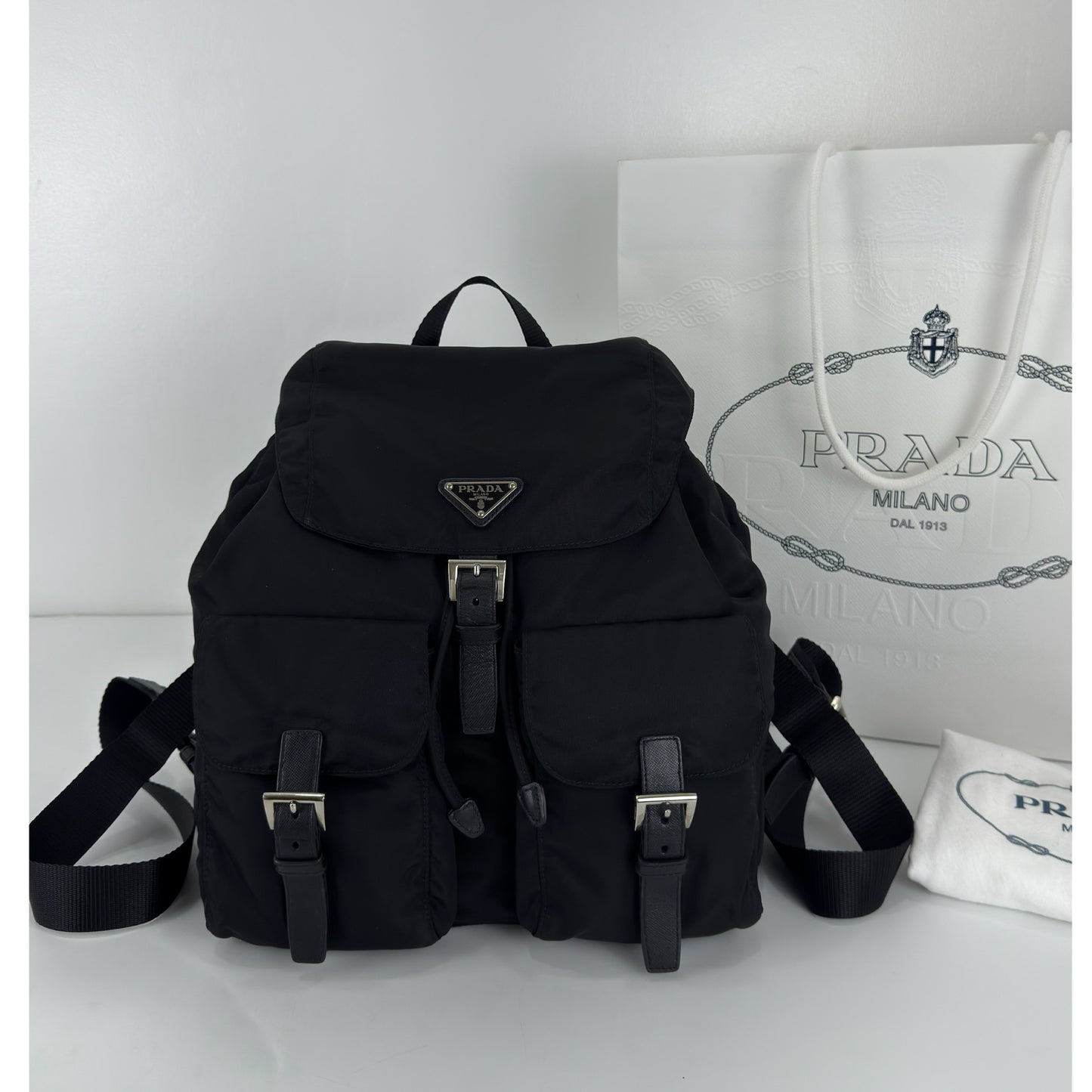 Prada Enamel Triangle Logo Re-Nylon Medium Backpack
